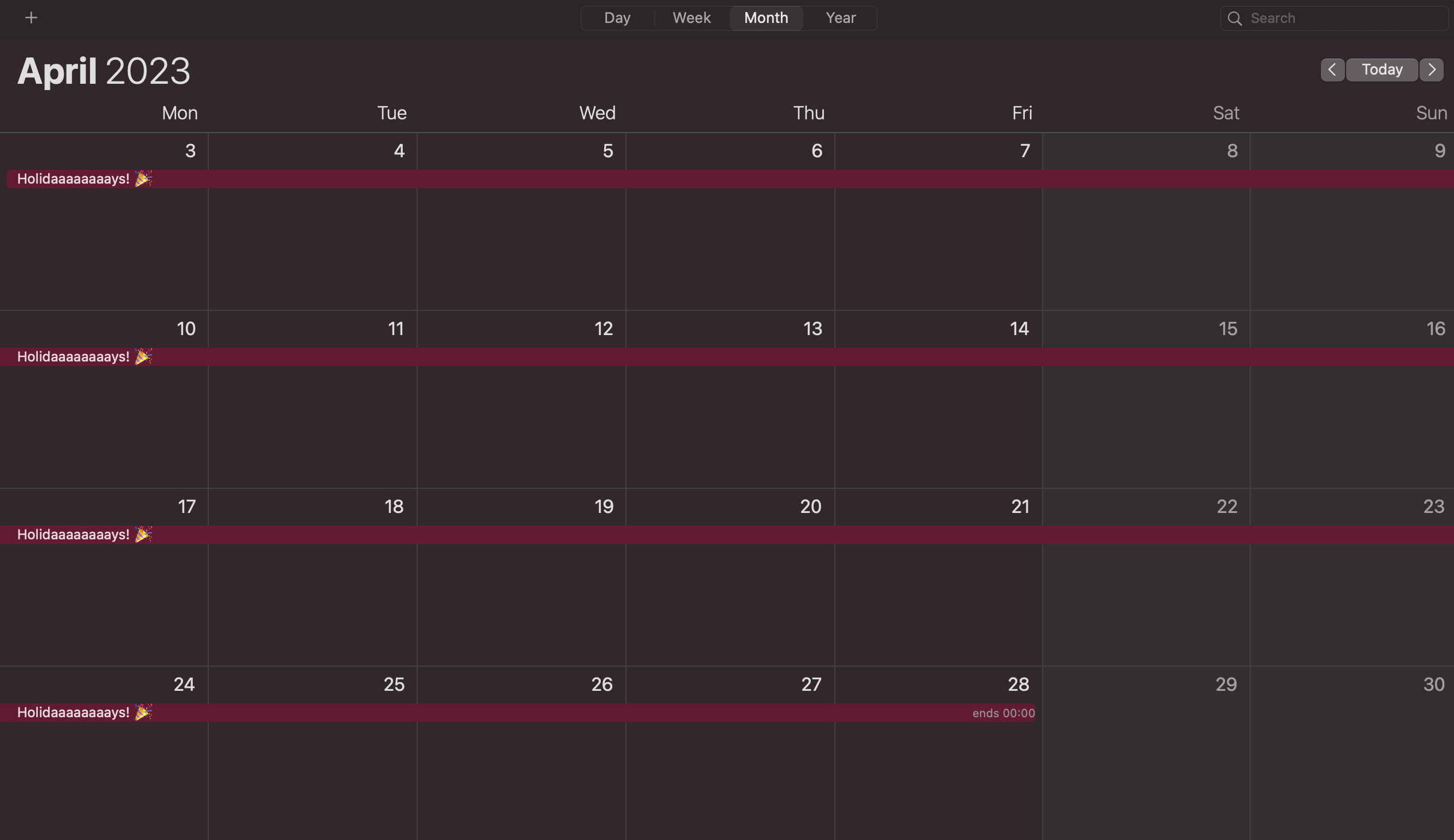 A screenshot of macOS's Calendar application showing an event called "Holidays" that goes for the entire month of April.