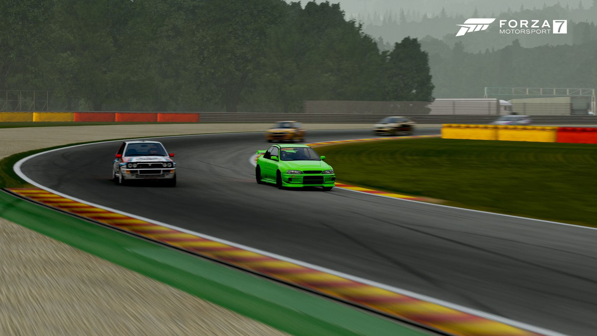 A screenshot from Forza Motorsport 7 showing a bright green Subaru Impreza WRX passing another car on the inside around a corner.