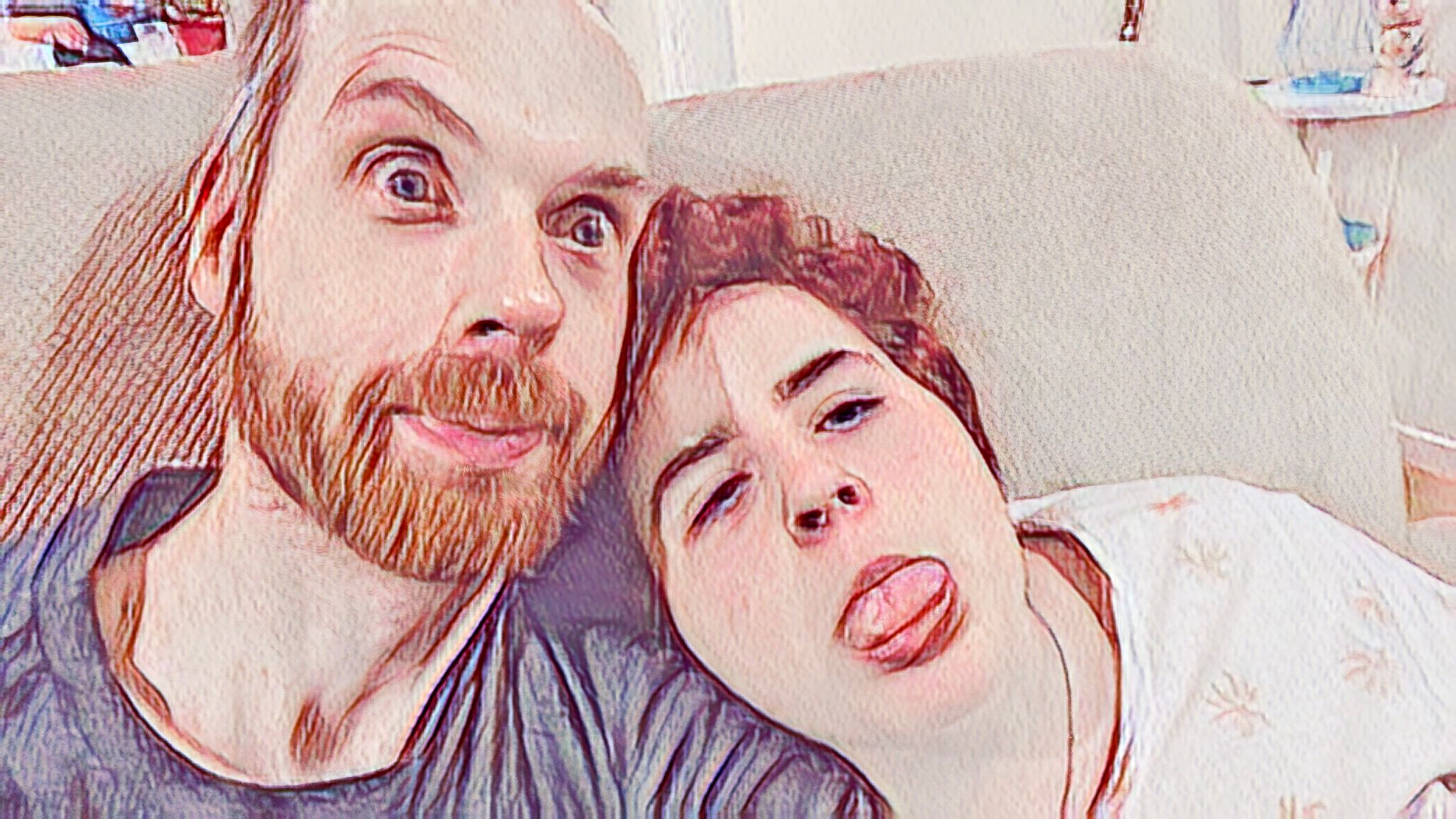 Yet another photo of Lily and me, Lily has her tongue out and I've got one eyebrow raised. It's drawn in a light airy style, looking like it's been done with pencils.
