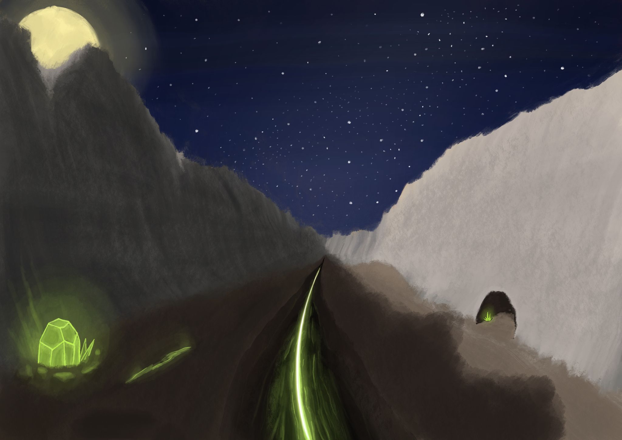 A digital painting looking down a desolate grey rocky valley. A deep black rift runs down the middle with a sickly green glow at the bottom, at the left is a crystal embedded in the ground with the same green glow coming from it. At the right is a cave entrance in the valley wall with another glowing crystal. The sky is awash with stars, and the moon peeks from behind the valley peak at the far left.