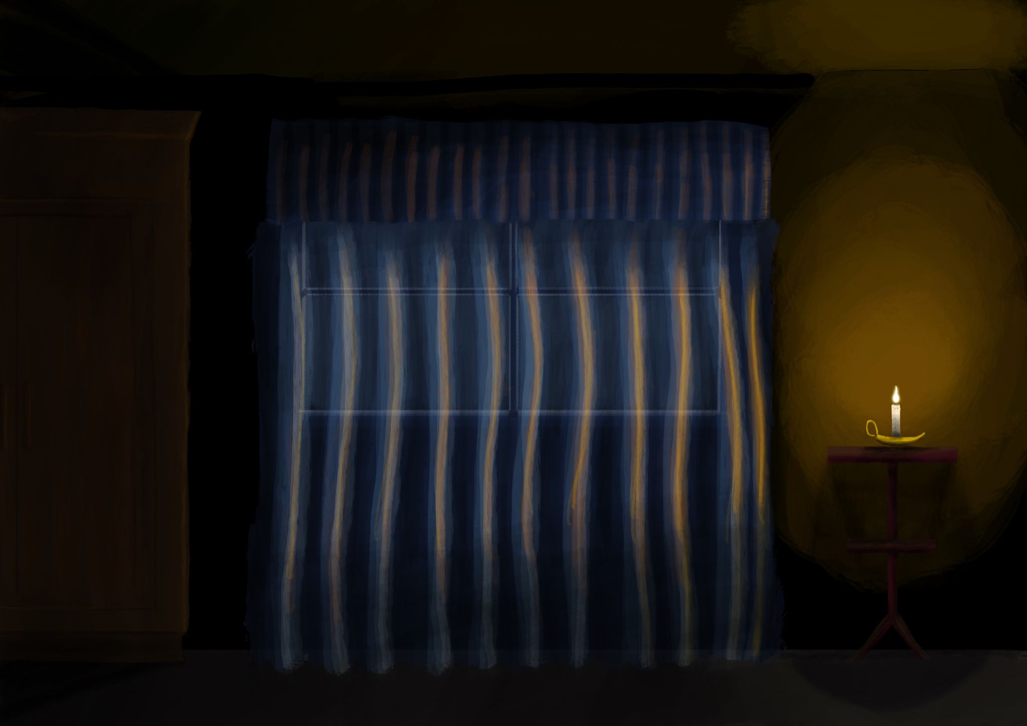 A painting of a room from the inside, with a window looking out into blue twilight and sheer curtains over it. A candle sits on a side table to the right, casting light onto the wall and the curtains, and a faint outside of a large wooden cupboard can be seen on the left side.