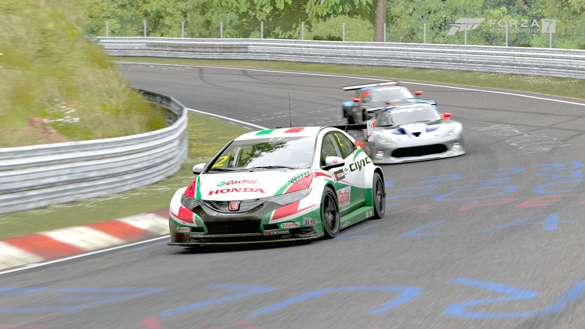 A screenshot from Forza Motorsport 7 showing a racing-spec Honda Civic Type R with full racing wheels and front and rear spoilers going around a corner, closely pursued by two other cars.
