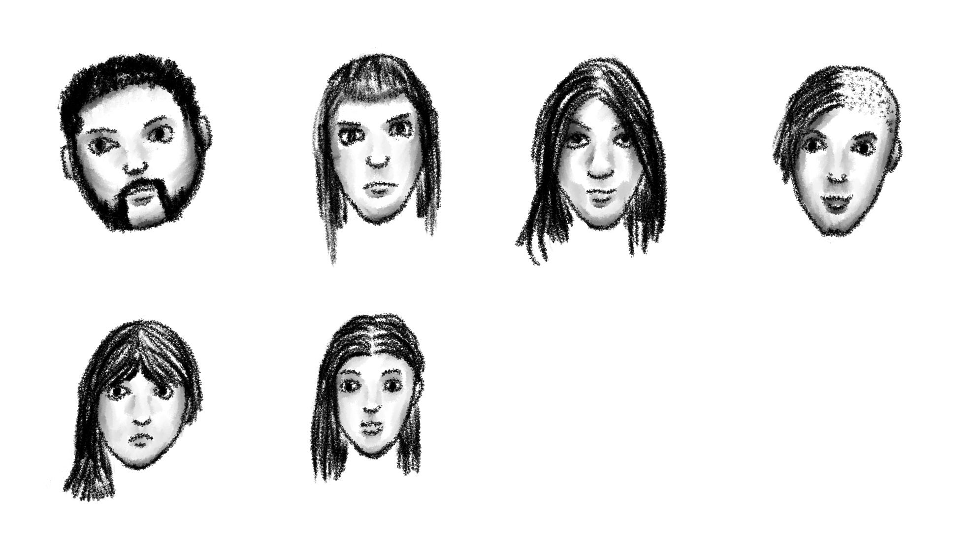 A selection of basic black and white cartoon-looking sketches of people heads. Six in total, five female and one male with a handlebar moustache.