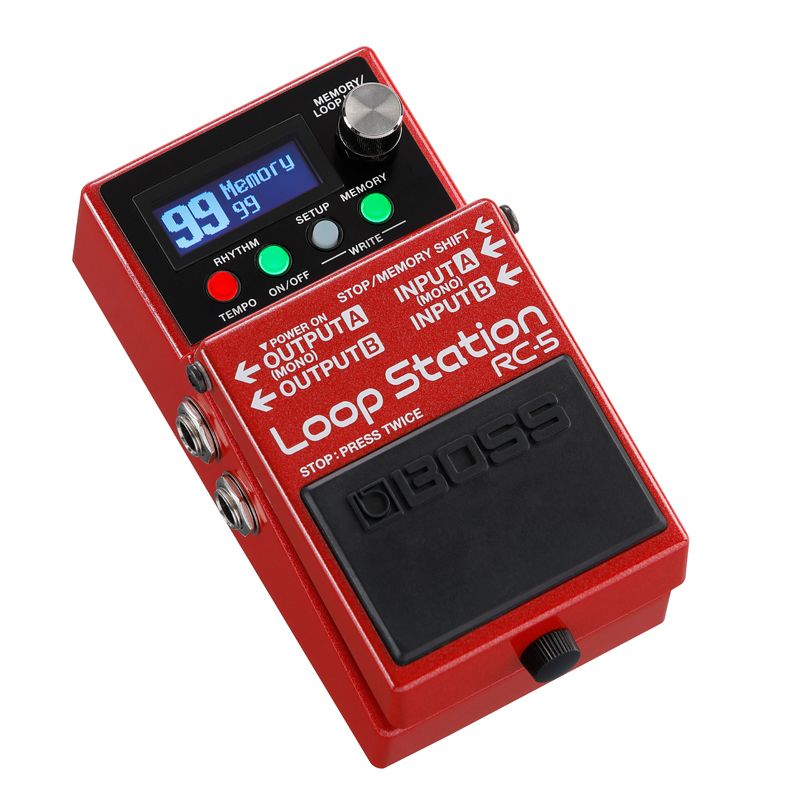 A product shot of the Boss RC-5 "Loopstation" guitar pedal. It's in a handsome red colour and has a small LCD  at the top with a dial next to it and some buttons that light up red and green.