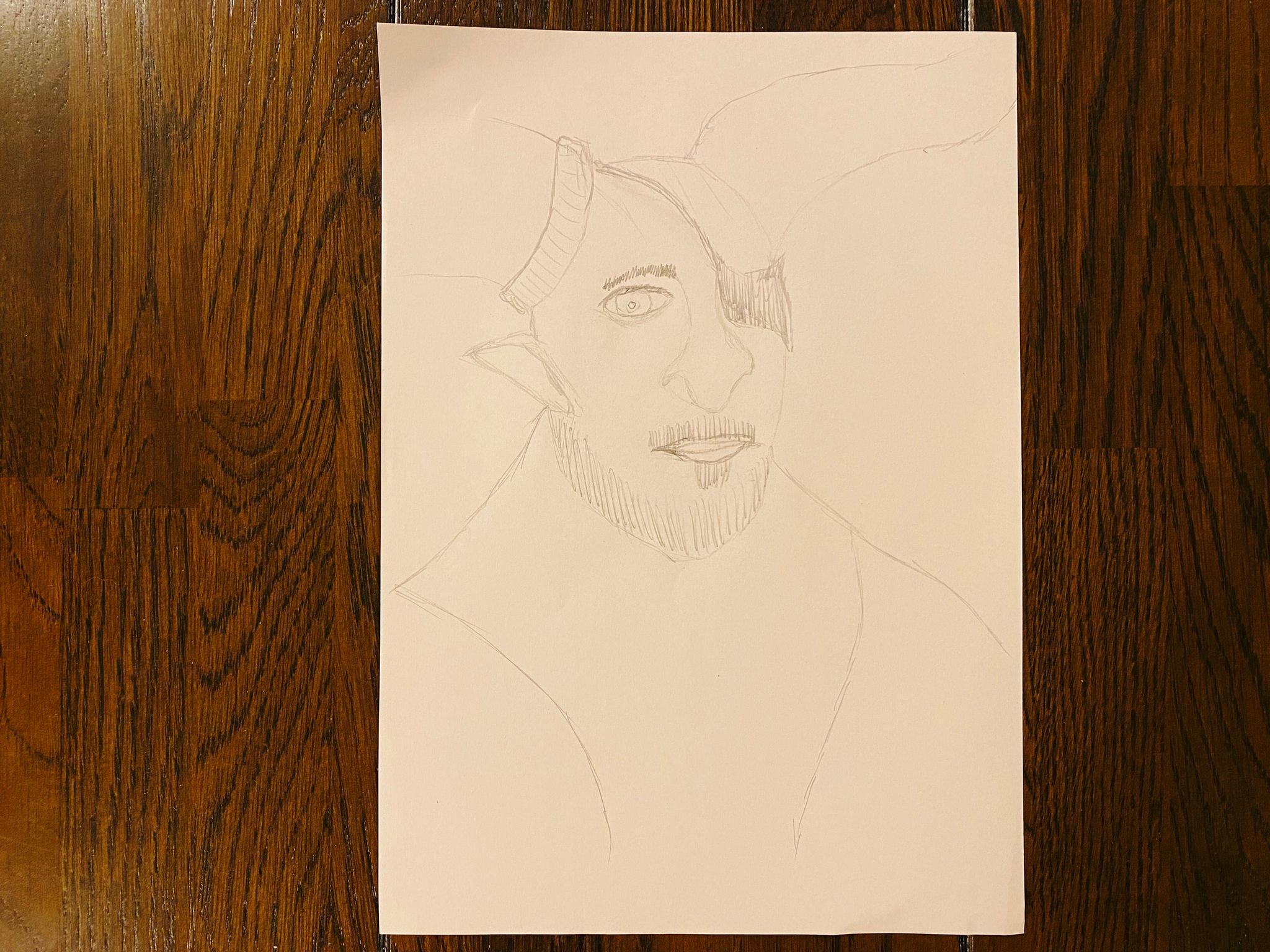 A single pencil drawing just by me of Iron Bull, who is a large bearded male character with big horns, an eyepatch, and a large neck and shoulders. There's no shading, it's just a sketch, but he's actually pretty recognisably Iron Bull I reckon.