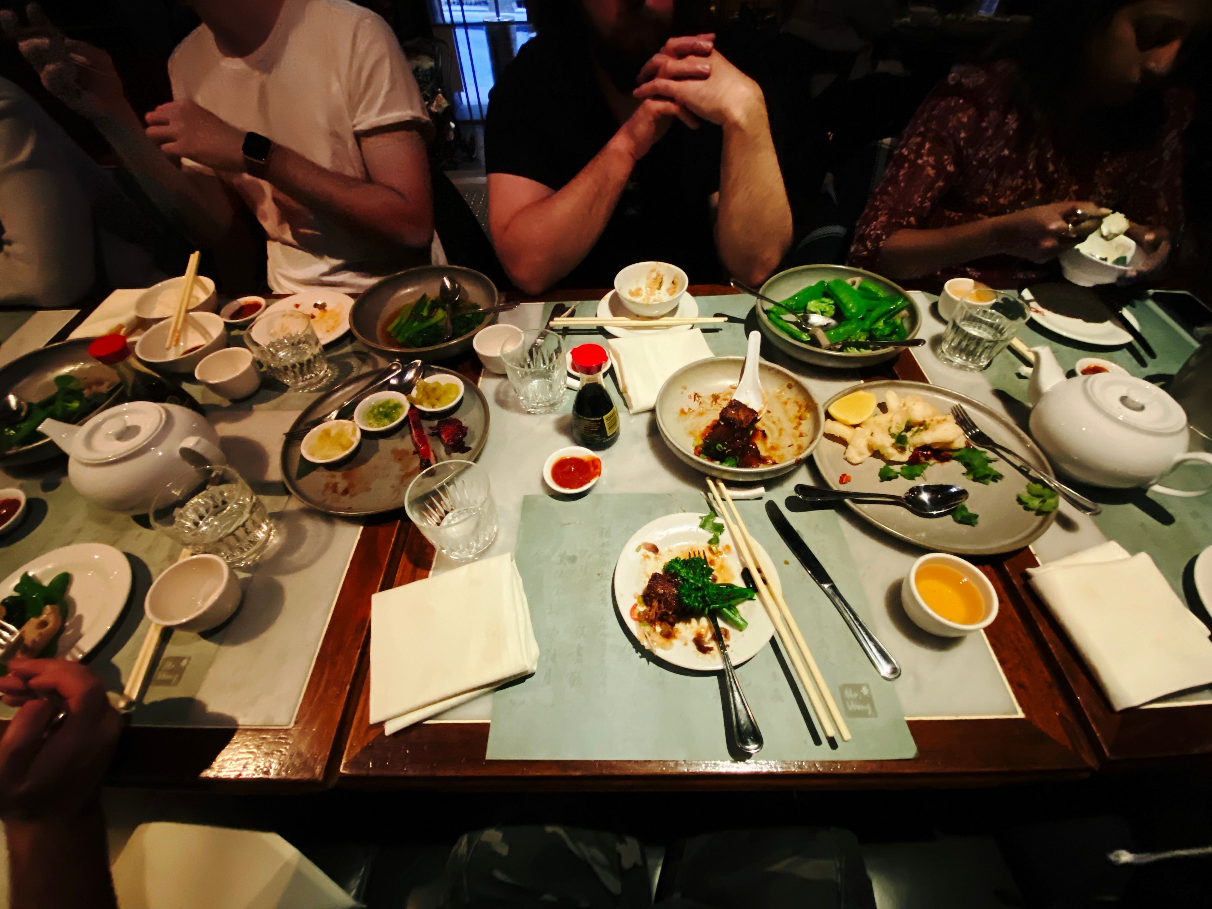 A wide-angle photo of a bunch of mostly empty bowls and plates from a Chinese restaurant sitting on a table.