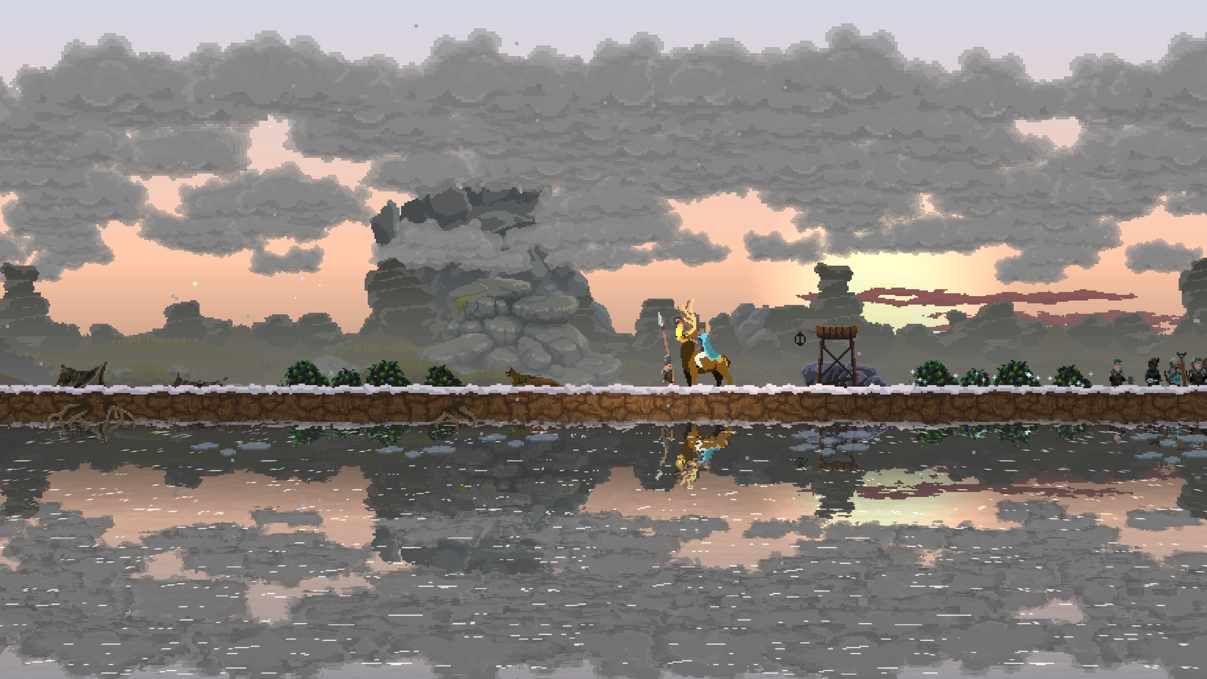 A screenshot showing a king riding on the back of a stag, with a sunrise in the background behind rocky mountains and snow on the ground and falling from the sky.