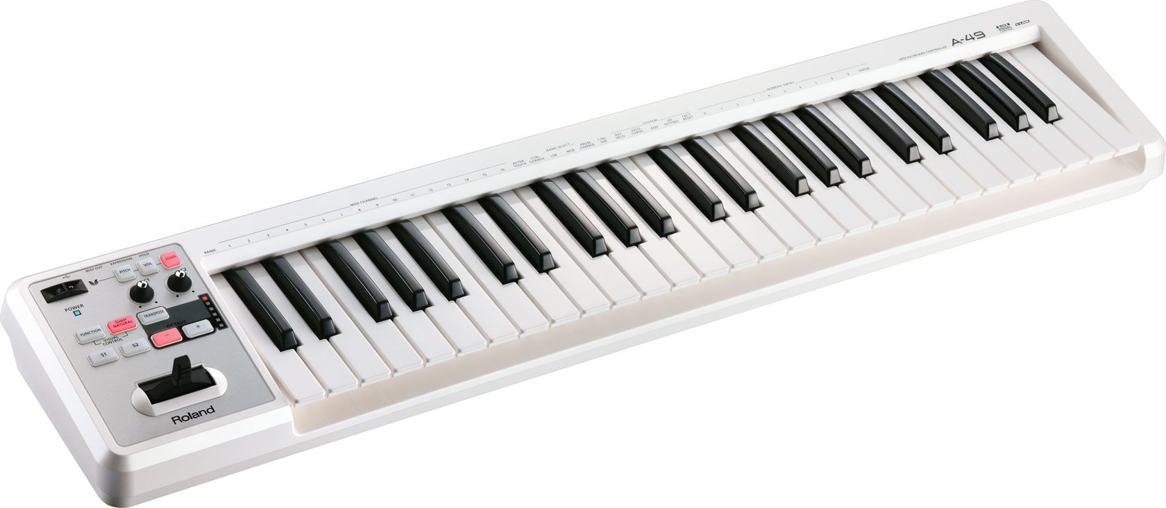 A product shot of the Roland A-49 MIDI keyboard in white. As the name suggests it has 49 keys and has a number of buttons and knobs on the left hand side.