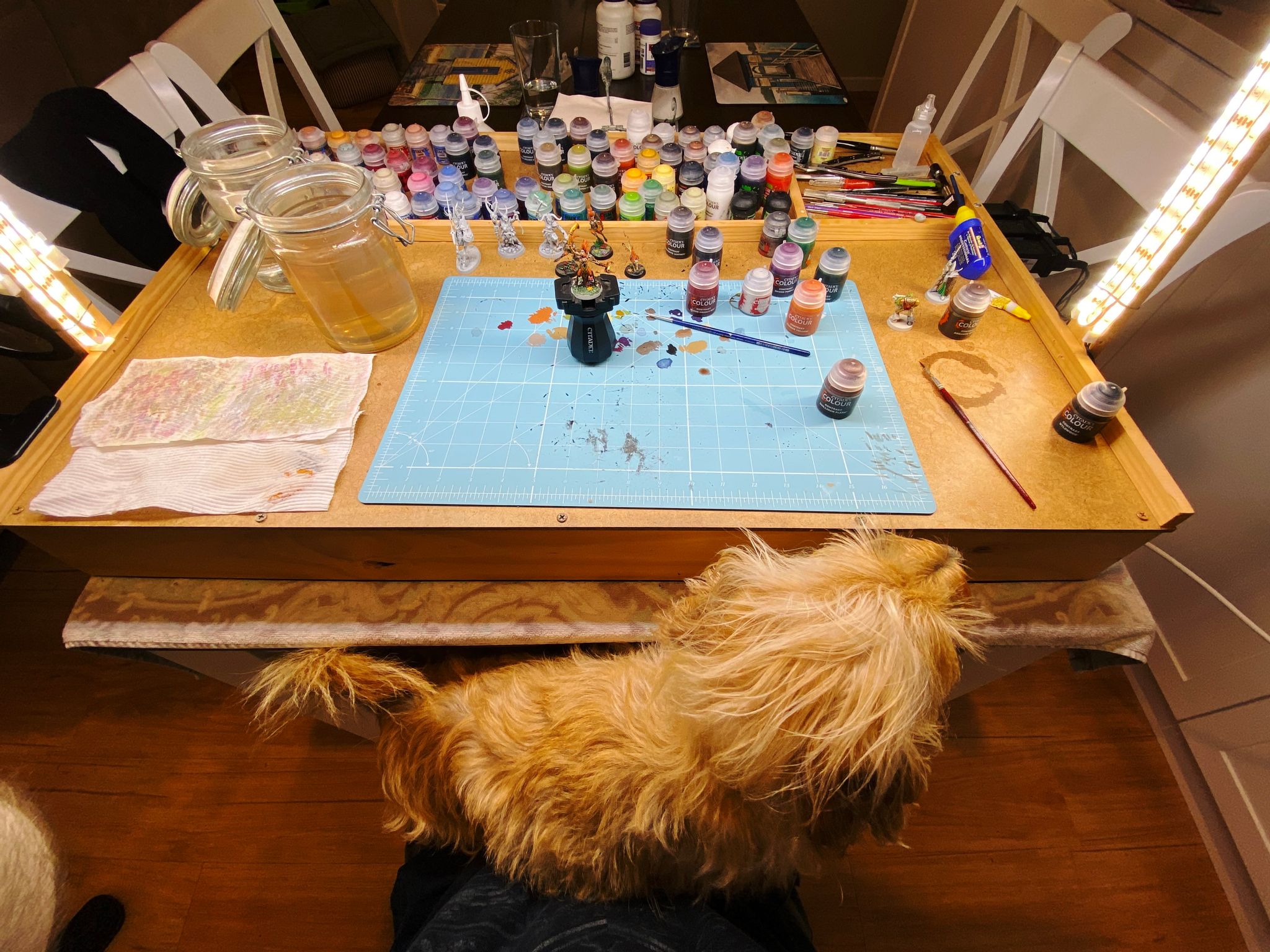 A photo taken from my point of view, showing my painting table with paints and some miniatures on it. A small scruffy blonde dog is sitting in my lap inspecting what's on the table.