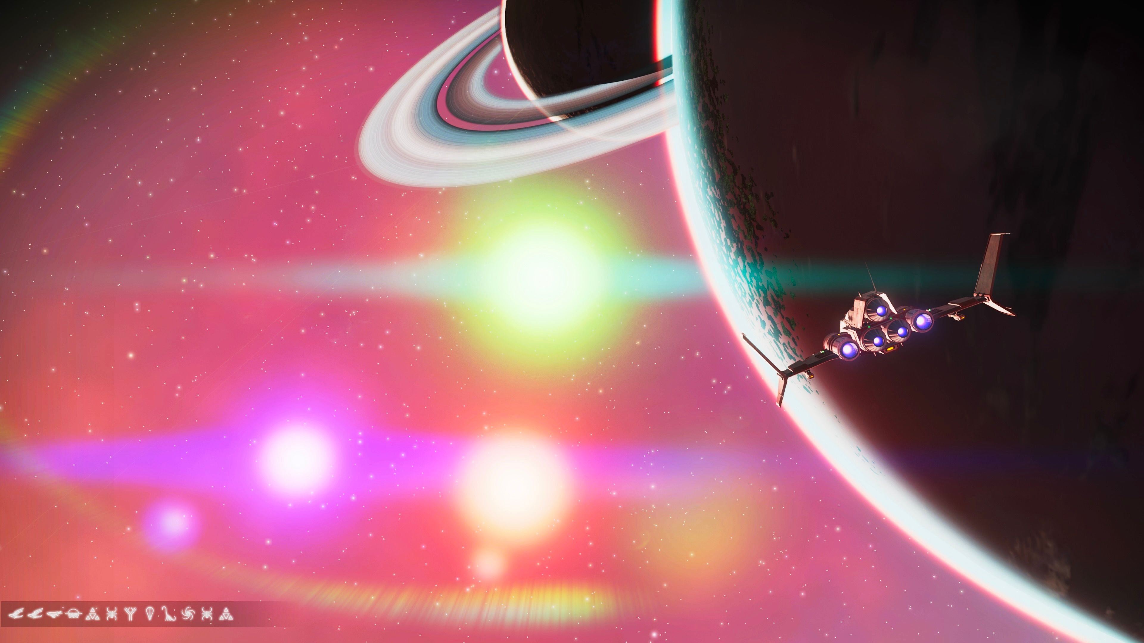 A screenshot from the game No Man's Sky. There's a starship in orbit above the bulk of a planet at the right, and behind the rim of the planet is another one with rings. In the distance are three different coloured suns.