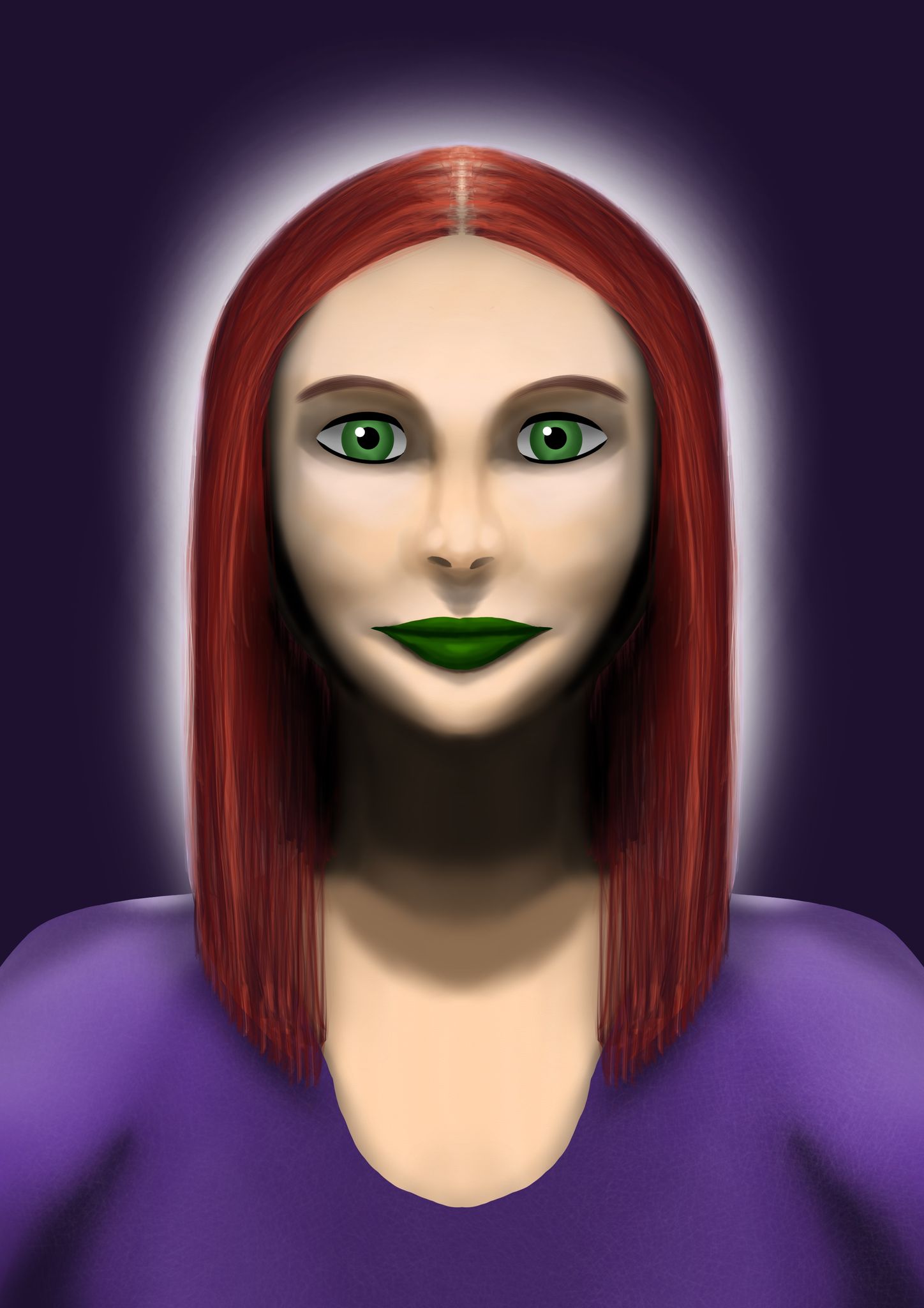 A head and shoulders portrait painting of a white woman with piercing green eyes, long red hair, and dark green lipstick. She’s wearing a dark purple top, and there’s a bright light shining behind her that’s lighting up her shoulders and the very edges of her hair.