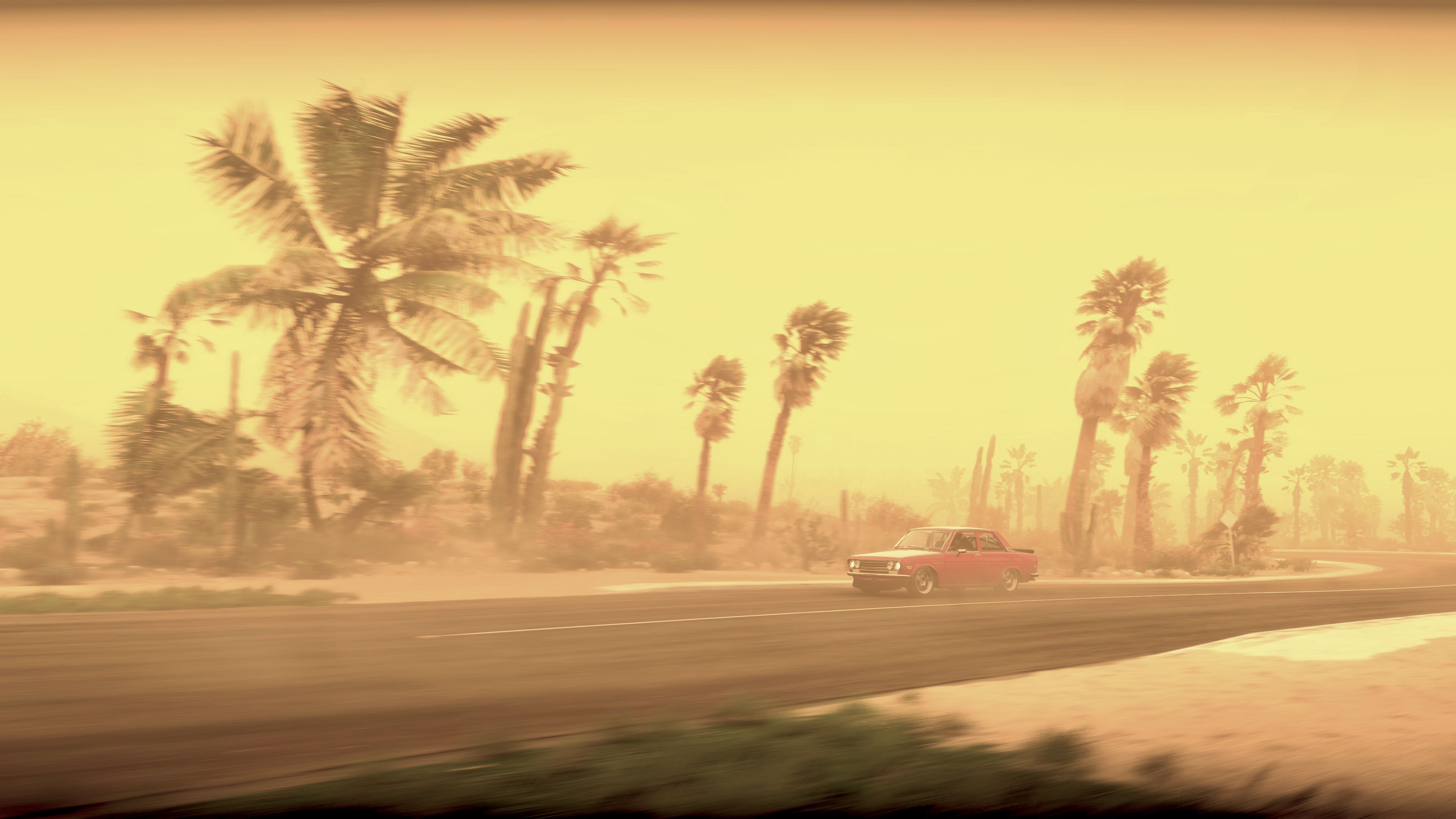 Another screenshot of the same Datsun 510, this time in a different spot. There a bunch of foliage and palm trees on the side of the road being buffeted by extreme winds, the entire scene is yellow and the visibility is extremely low because I'm in the middle of a huge dust storm.