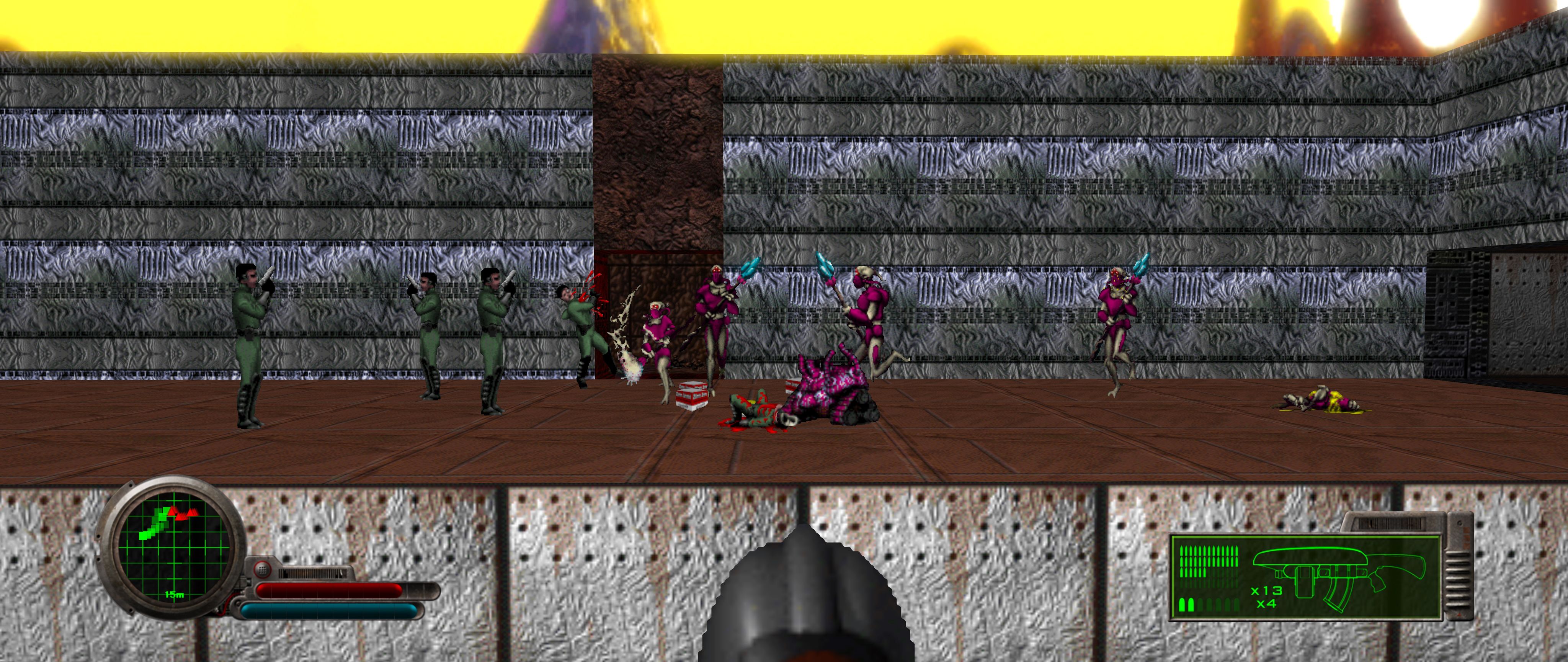 A screenshot from the first-person shooter "Marathon 2: Durandal". There's three humans in green jumpsuits holding handguns who are fighting four purple aliens armed with staves, and there's a fourth human who's in the middle of a gruesome death from one of the aliens. The aliens and humans are both quite clearly 2D sprites, though they've been upscaled so they look a bit less awful.