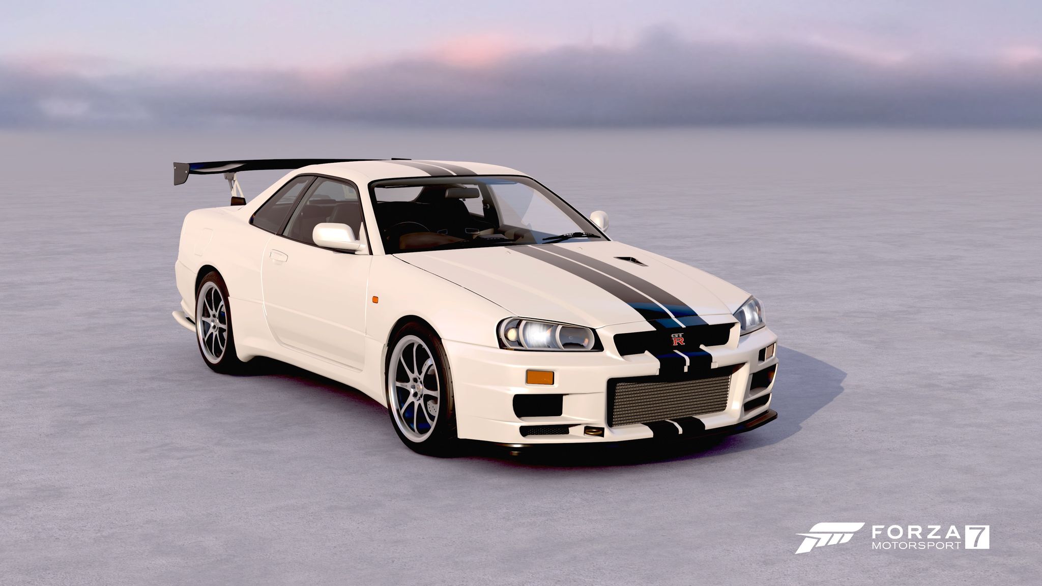 A screenshot from Forza Motorsport 7 on Xbox showing a Nissan R34 Skyline with pearlescent cream paint and twin black racing stripes running from the front bumper all the way across the bonnet and roof.