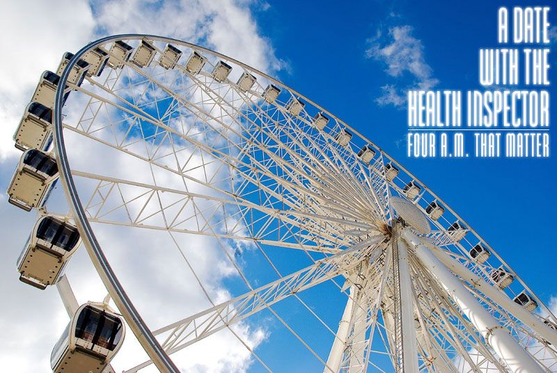 A photo looking up at a ferris wheel in a blue sky with white clouds. The artist name is "A Date With The Health Inspector" and the album name is "Four a.m. That Matter".