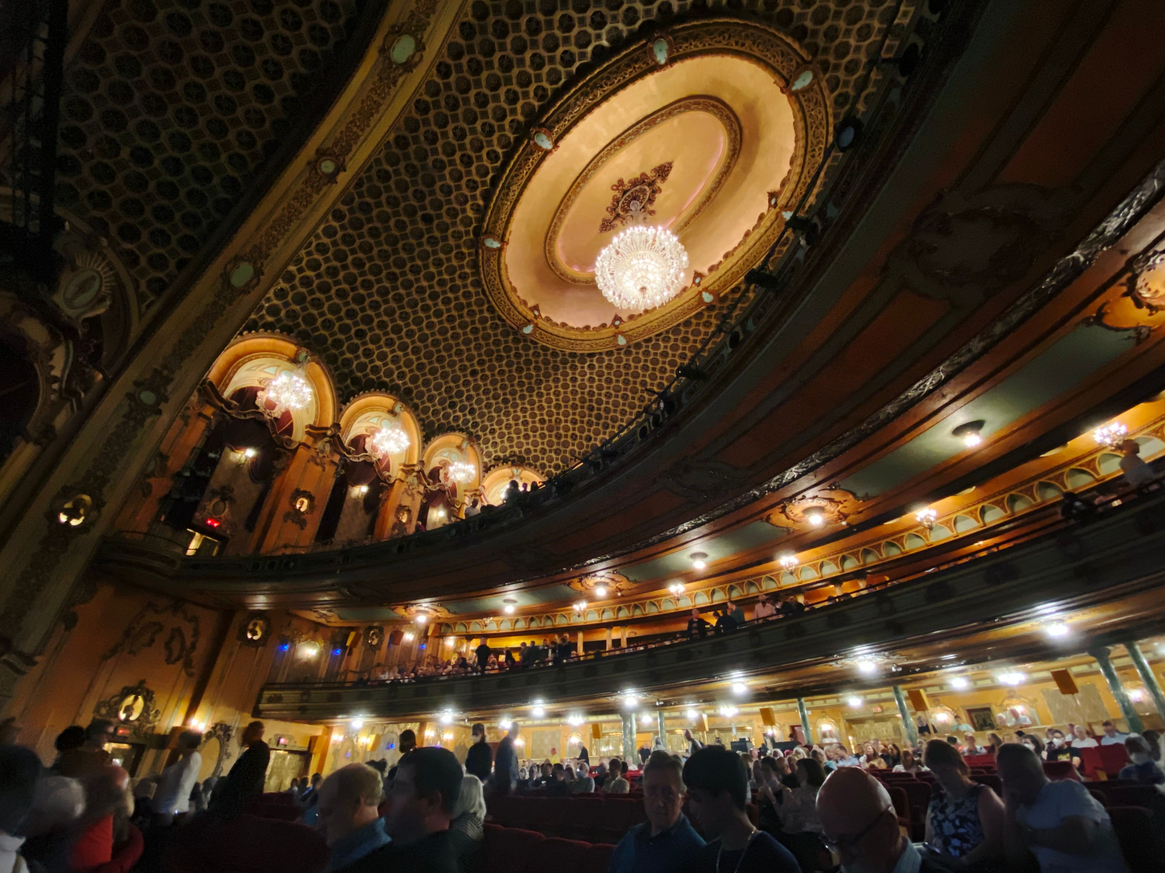 A photo looking back and up inside the State Theatre in Sydney, it's extremely ornate.