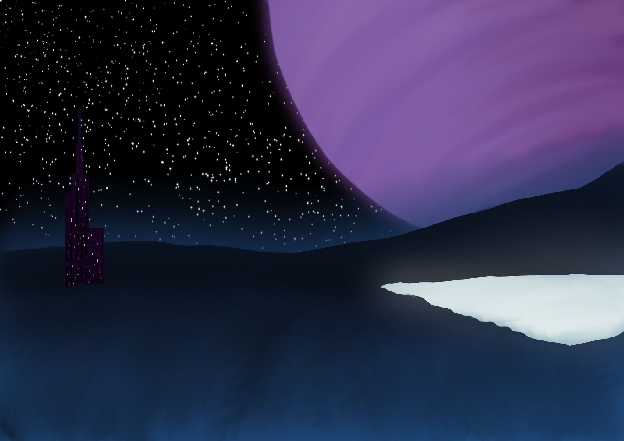 A nighttime scene, a large purple Jupiter-like planet is looming over the mountains at the top-right, a lake of glowing blue liquid sits at the right, and a tall dark purple tower with yellow lights on stands at the left.