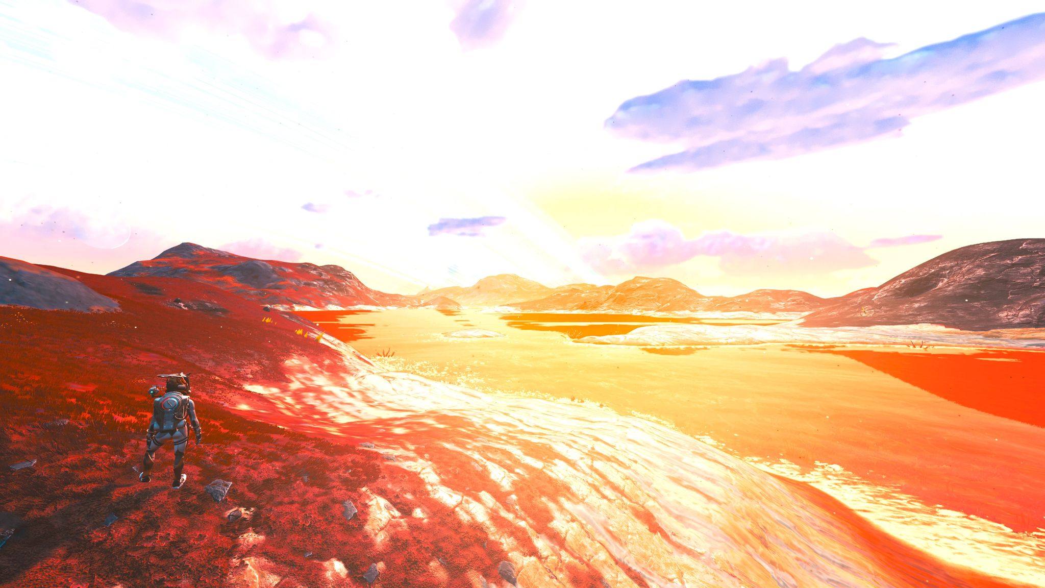 A screenshot taken with a very wide-angle perspective of a person standing on the shore of a lake in an alien world, a set of planetary rings is visible in the sky and everything is quite magenta-tinged.