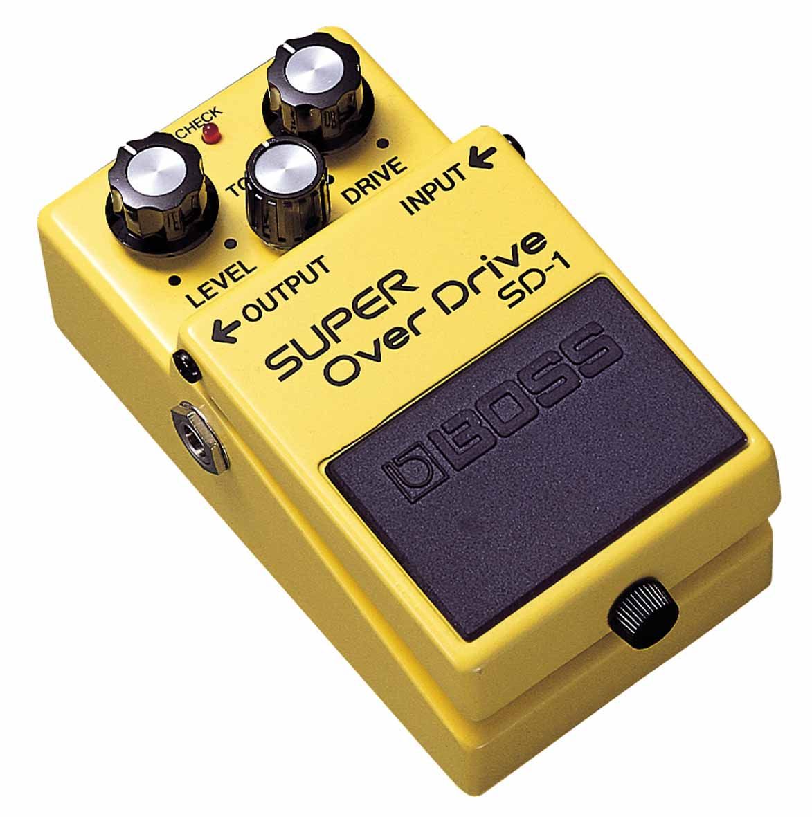 A product shot of the Boss SD-1 "Super Overdrive" guitar pedal. It's BRIGHT YELLOW and has three dials on the top of it. Fun fact, this pedal has been around since 1981 and still kicks huge amounts of arse.