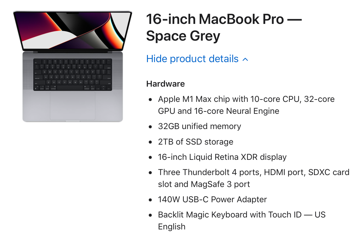 A screenshot of the Apple Store showing a 16" MacBook Pro with the M1 Max chip in the Space Grey colour, with 32GB RAM, and 2TB storage.