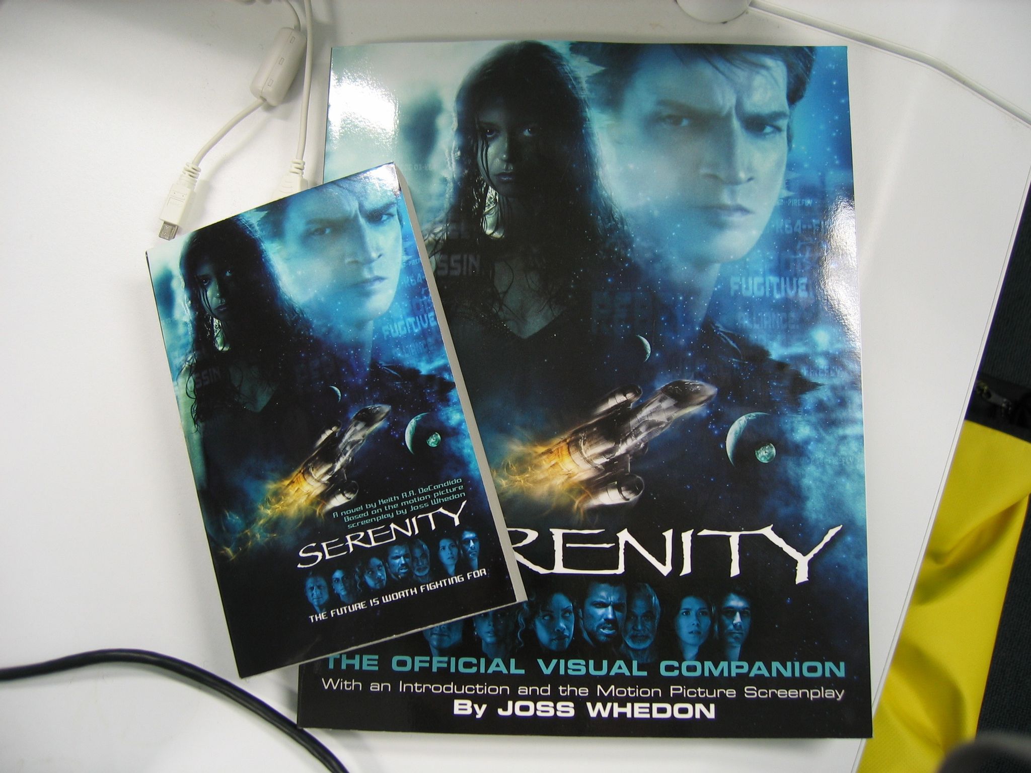 A photo of the novelisation of the movie "Serenity", along with the "Official Serenity Visual Companion" book.