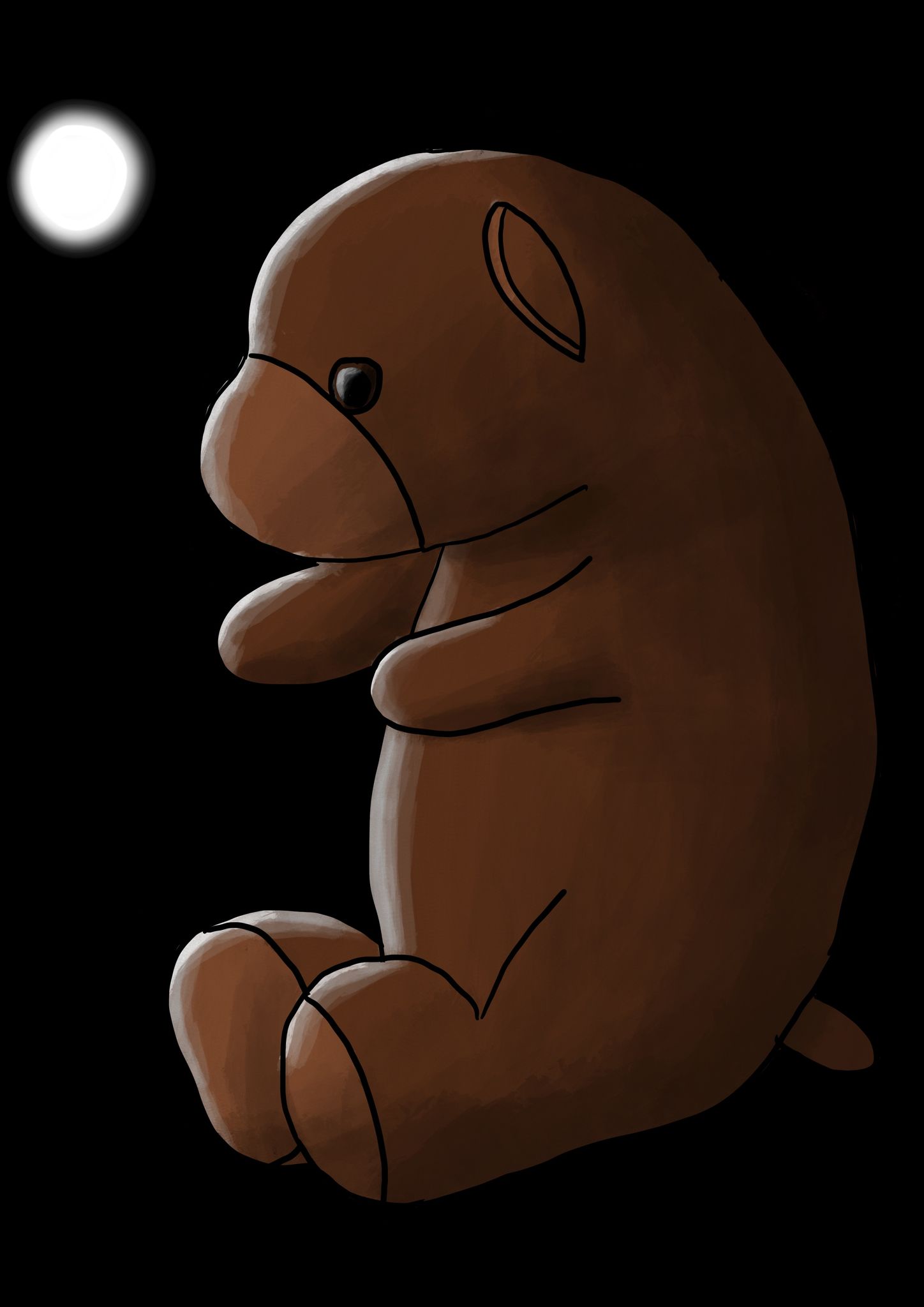 A three-quarter profile of a brown teddy bear on a black background, the edges of the left side of him are lit from a bright white light source to the left of the painting.