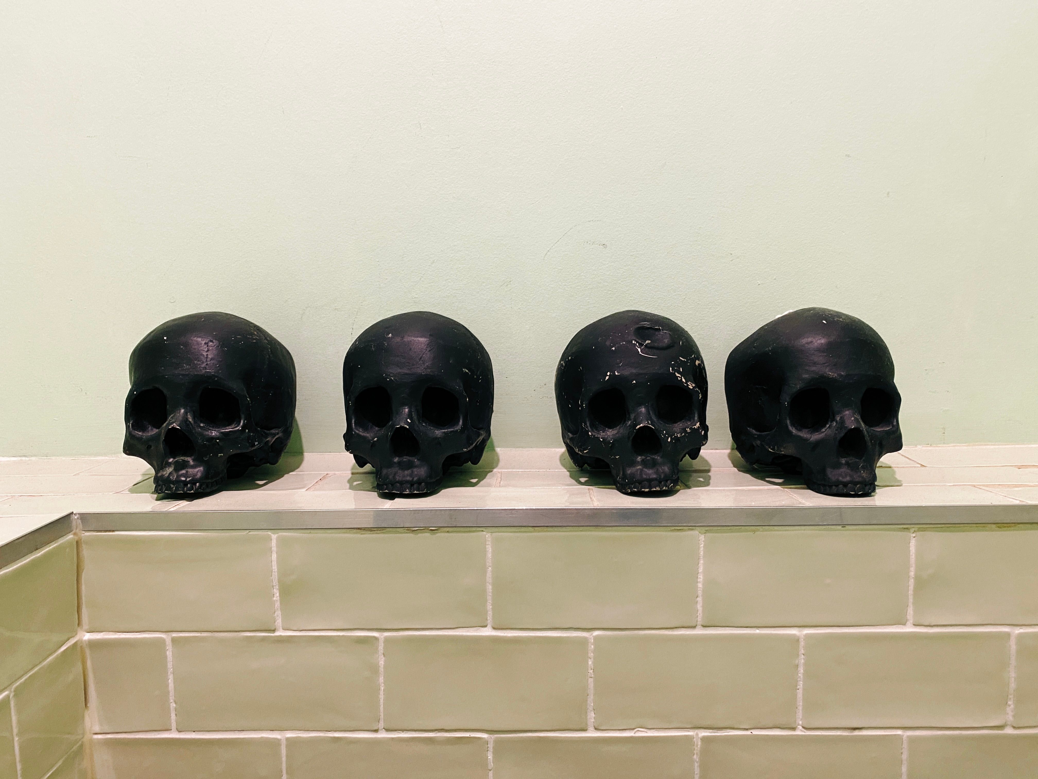 Four black plastic human skulls sitting on a narrow shelf.
