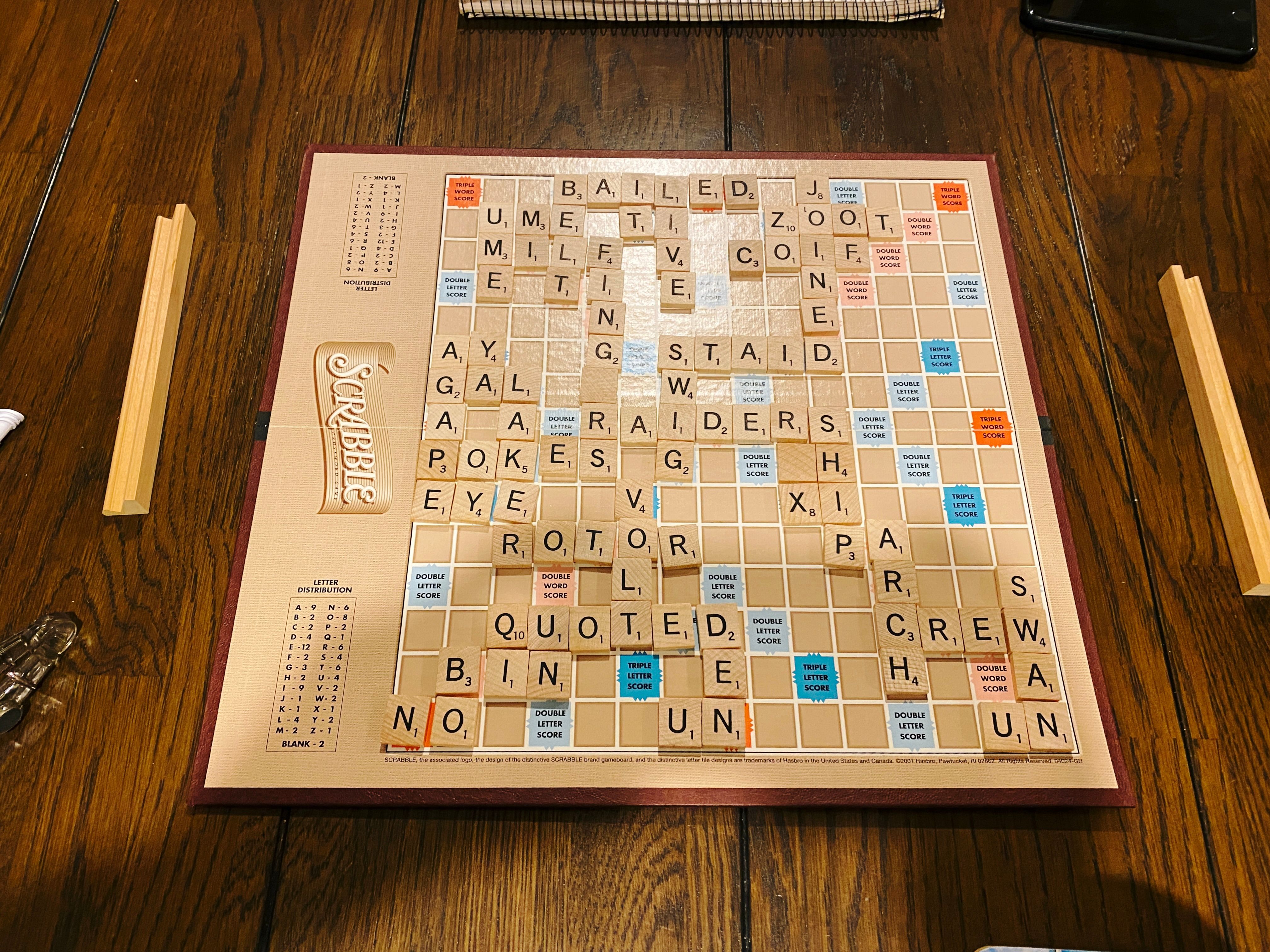 A photo of a completed game of Scrabble.