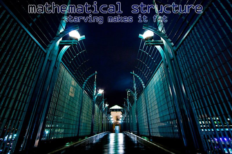 A nighttime photo of an outdoor jail corridor, harshly lit with green-tinged light. The artist name is "mathematical structure" and the album name is "staving makes it fat".
