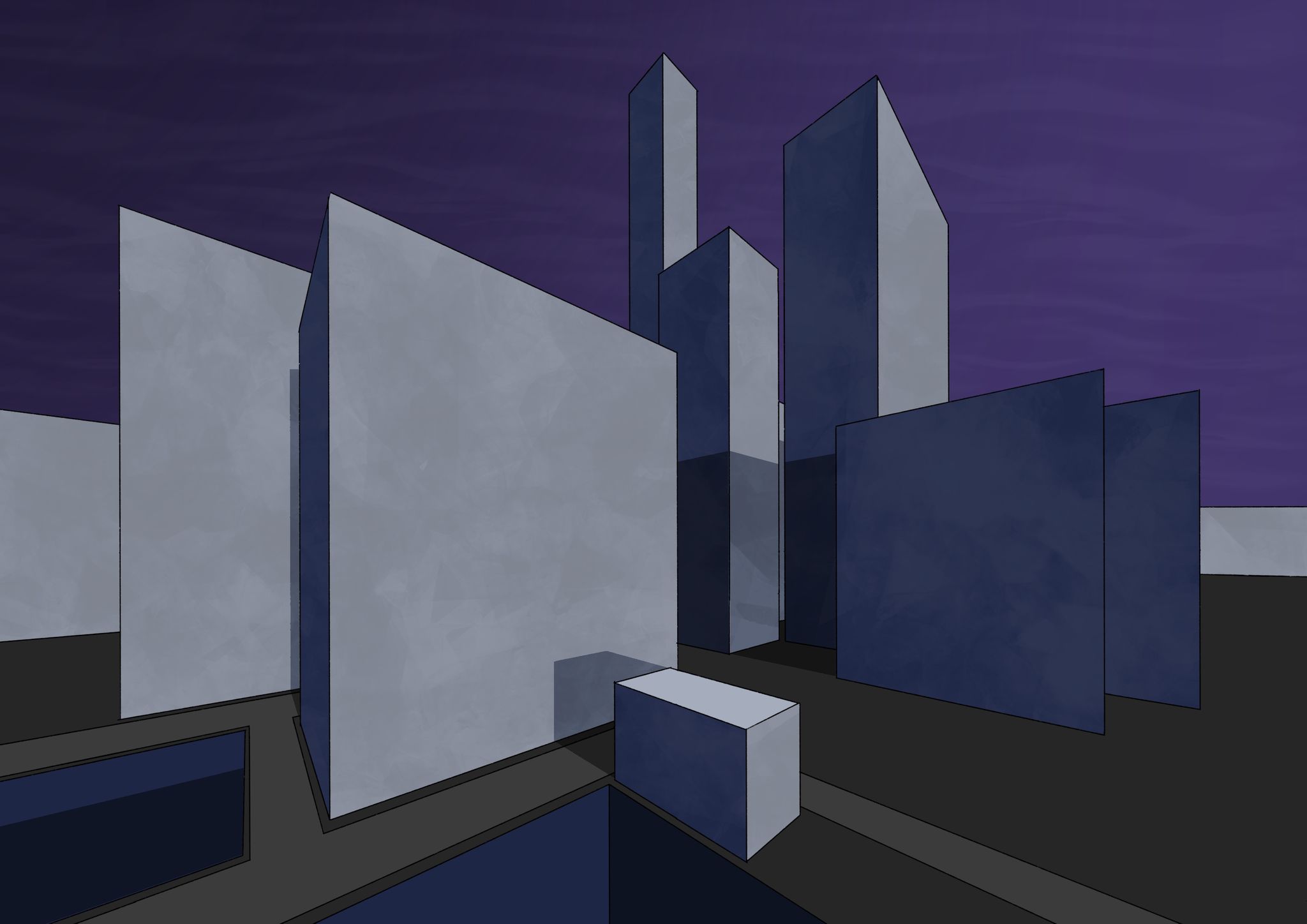 A very clean geometric painting of grey and blue city buildings. The sky is purple and the light is coming from the very right, the buildings casting shadows to the left.