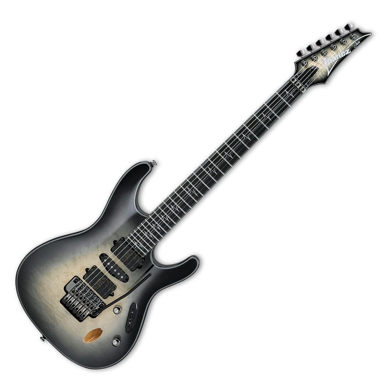 A product shot of an electric guitar. It's black around the edges and fades into raw maple in the middle of the body as well as the headstock, and has three pickups (two humbuckers and a single coil in the middle).