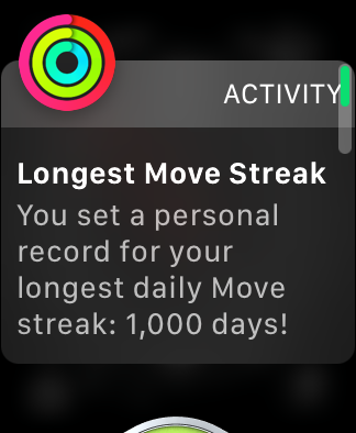 A screenshot of a notification from my Apple Watch saying I hit a 1000-day move streak.