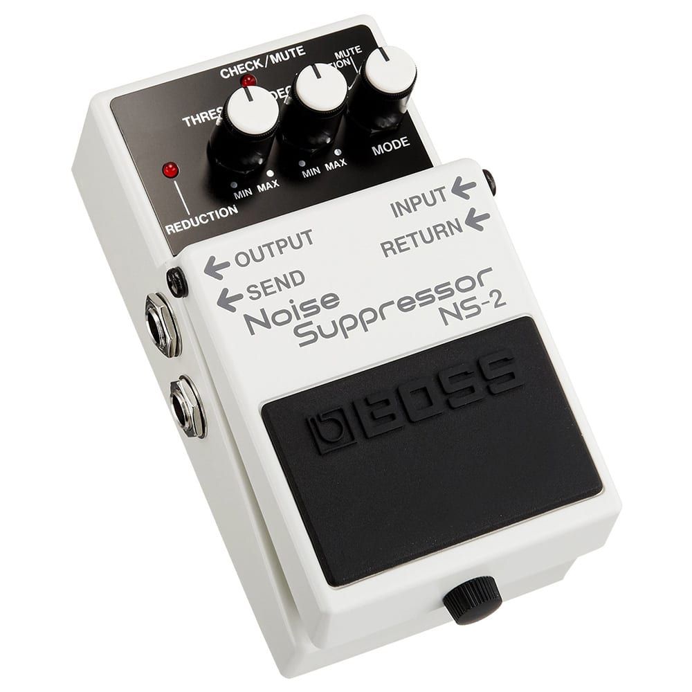 A product shot of the Boss NS-2 noise suppressor guitar pedal. It's an austere-looking unit in white with three black dials with white faces on the top of it.