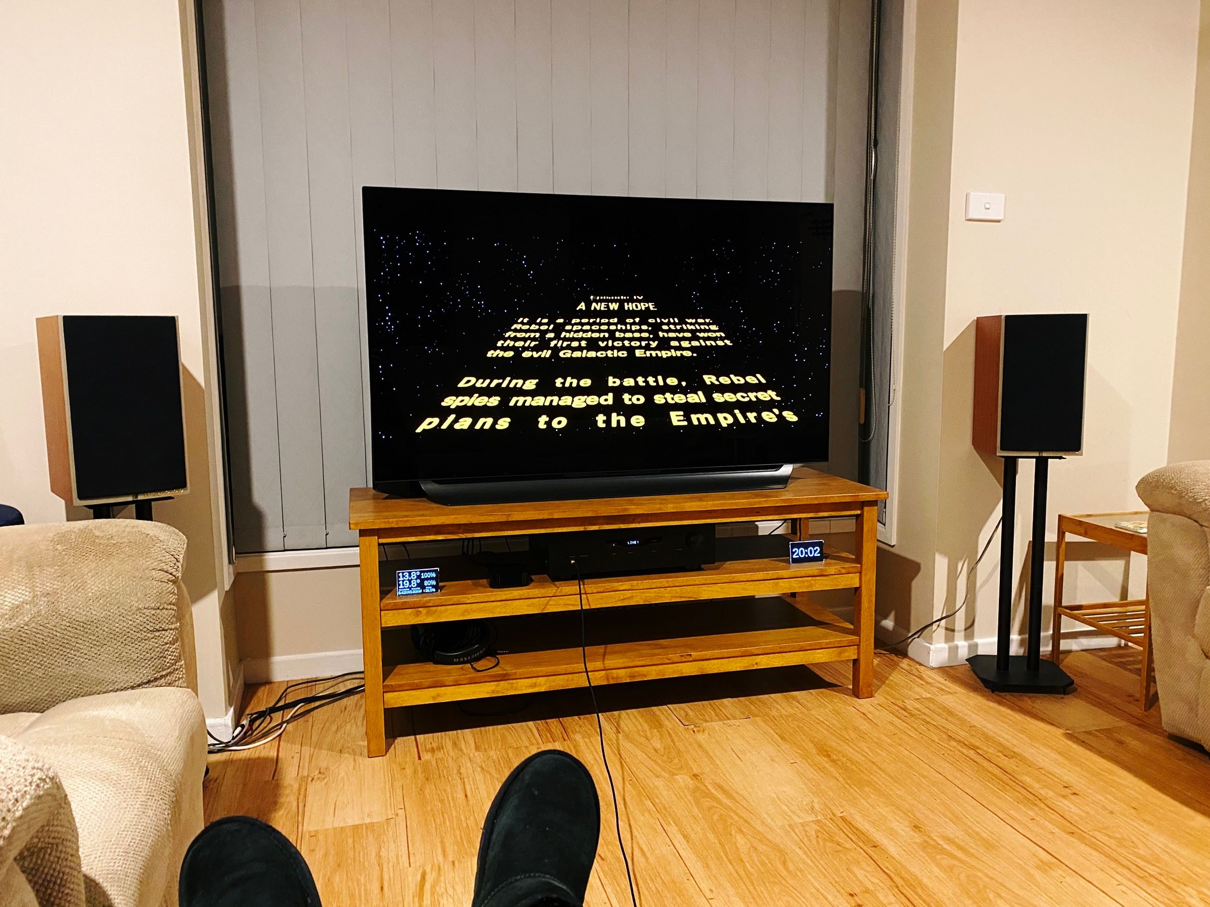 A view from our lounge looking towards the TV where the opening text of Episode IV of Star Wars is scrolling by.
