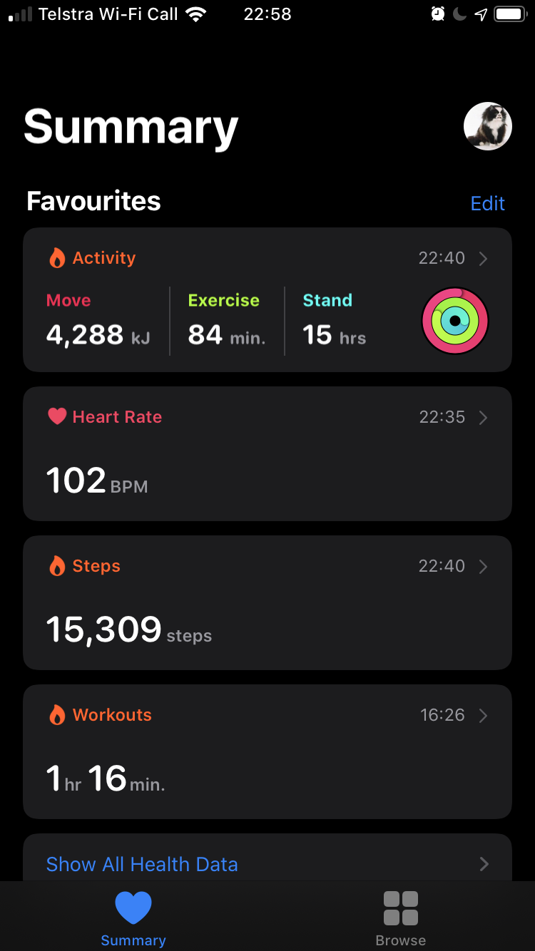 A screenshot from iOS's Health app from right before I went to bed, with the "Activity" section from the Apple Watch showing 4428kJ under "Move", 84 minutes under "Exercise", and 15 hours under "Stand" (where that is counted as one minute within those fifteen hours of being upright and moving around). Total step count is 15,309.