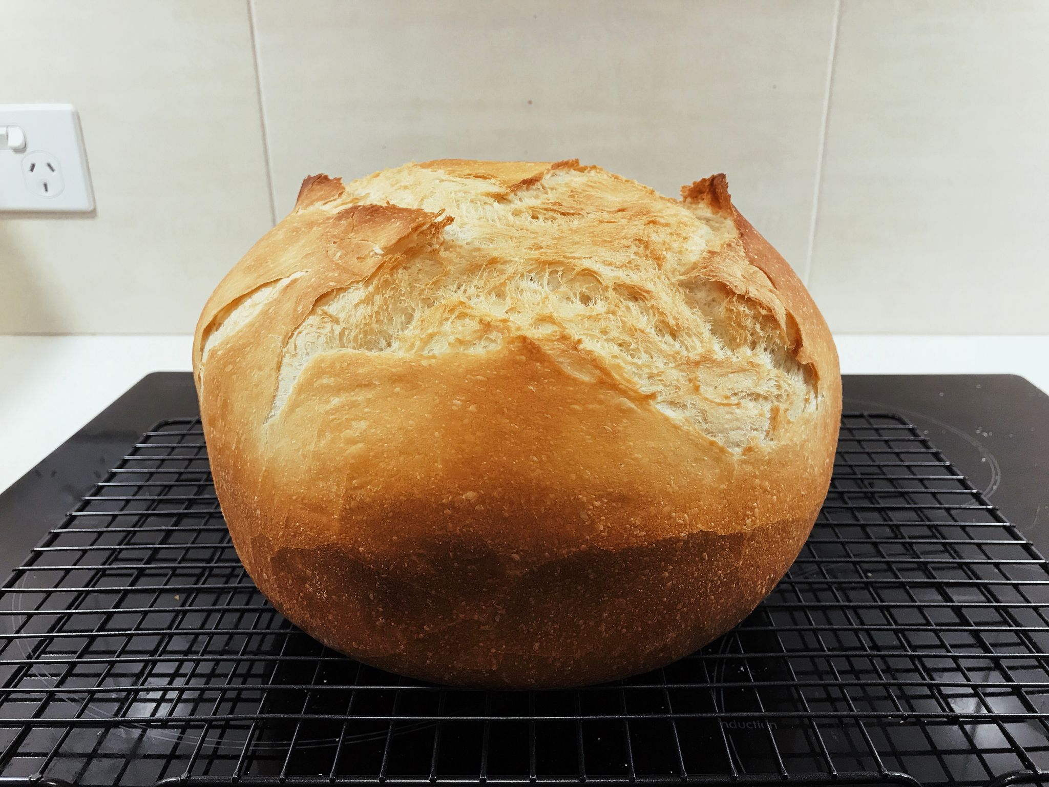 A photo of a large round of white bread with a deliciously crunchy golden brown crust on it.
