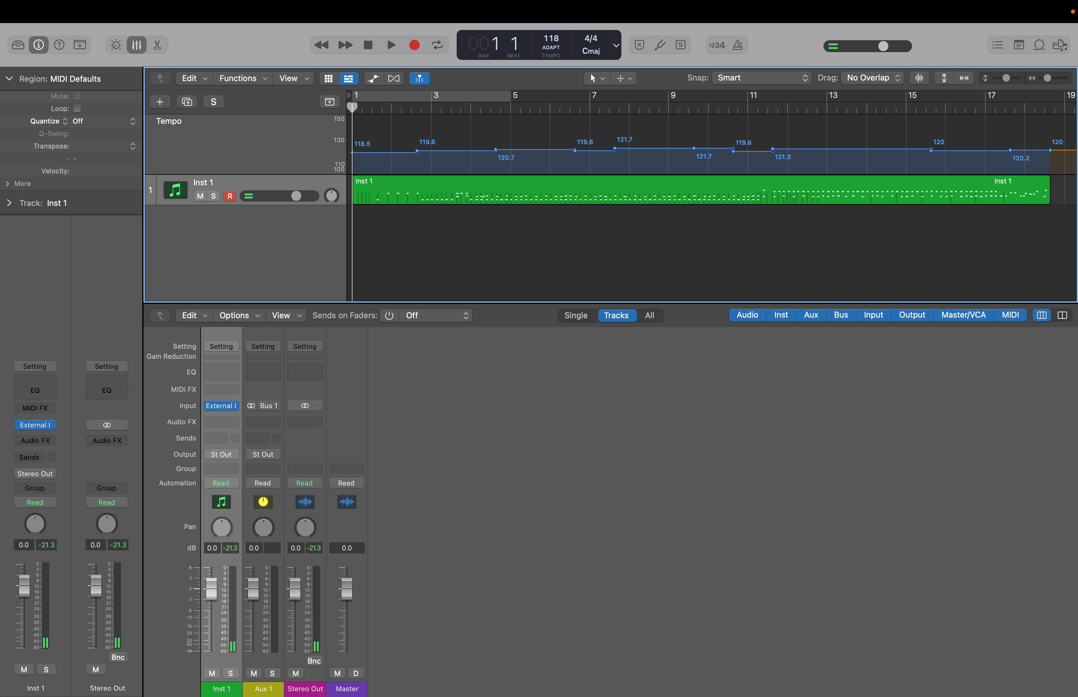 A photo of the very complicated user interface of Logic Pro with a recording from my drums. It shows the tempo across the song, and it varies from 118bpm to just under 122bpm which isn't bad given I was aiming for 120!