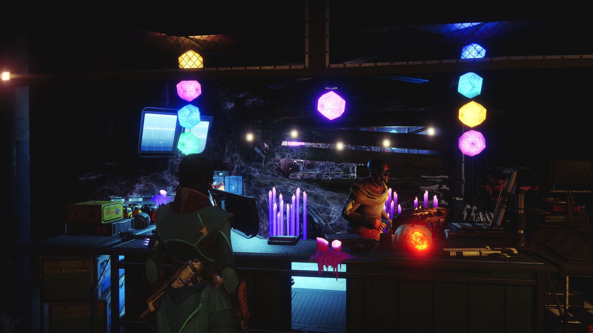 Another screenshot showing a robot character called Banshee-44 in his shop, with more of the glowing lights and tall purple candles scattered around.