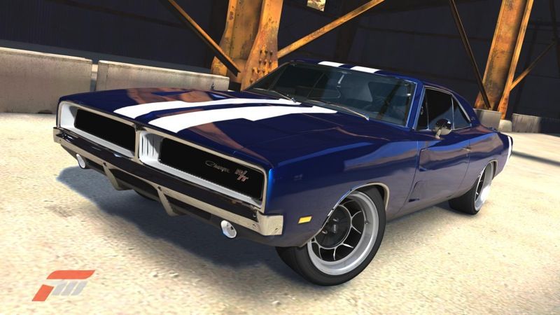 A screenshot from Forza Motorsport 3 of a dark blue 1960/70s-era Dodge Charger R/T with white racing stripes and low profile tyres.