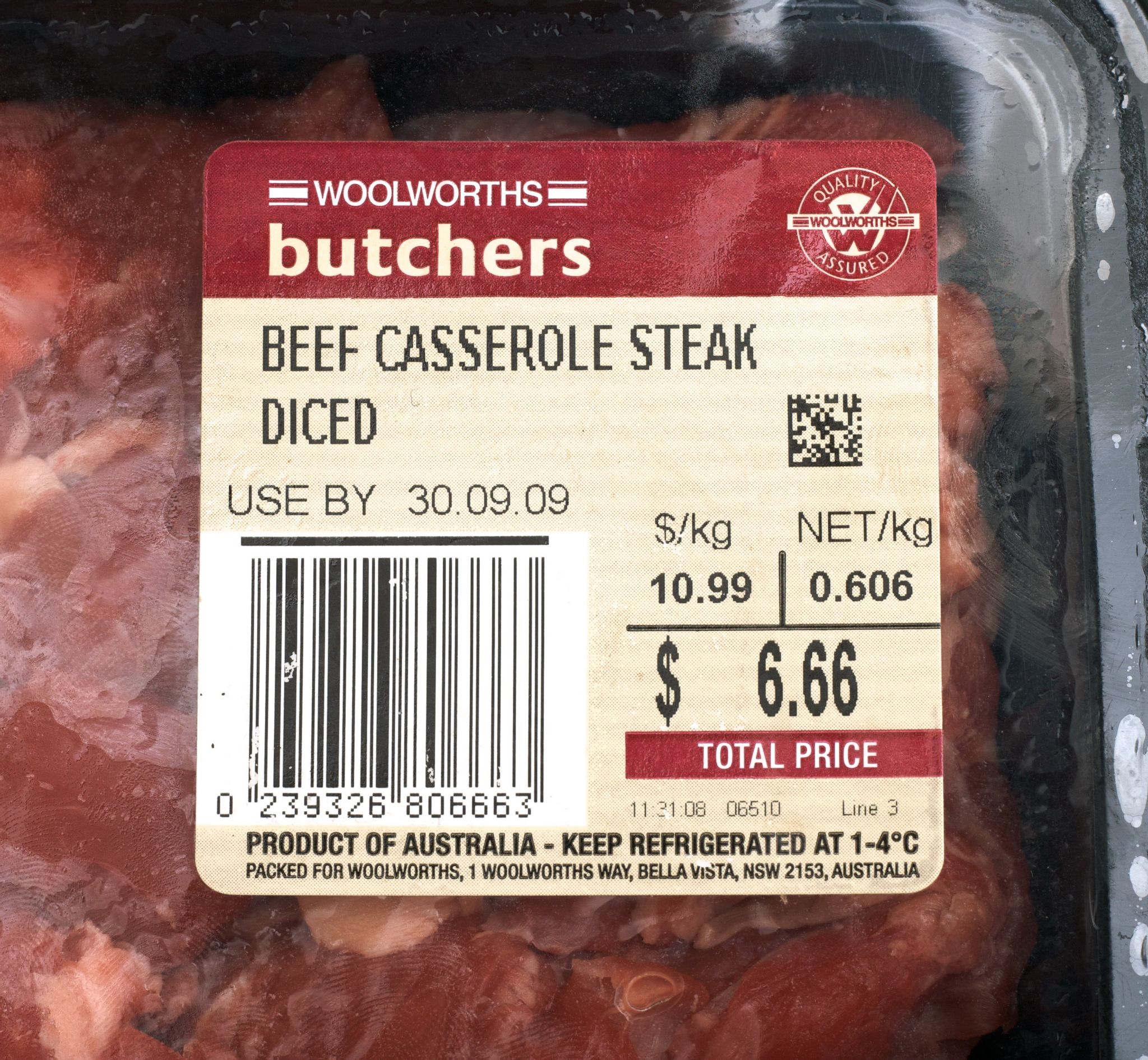 A photo of a packet of diced beef bought from the supermarket, the price tag is $6.66.