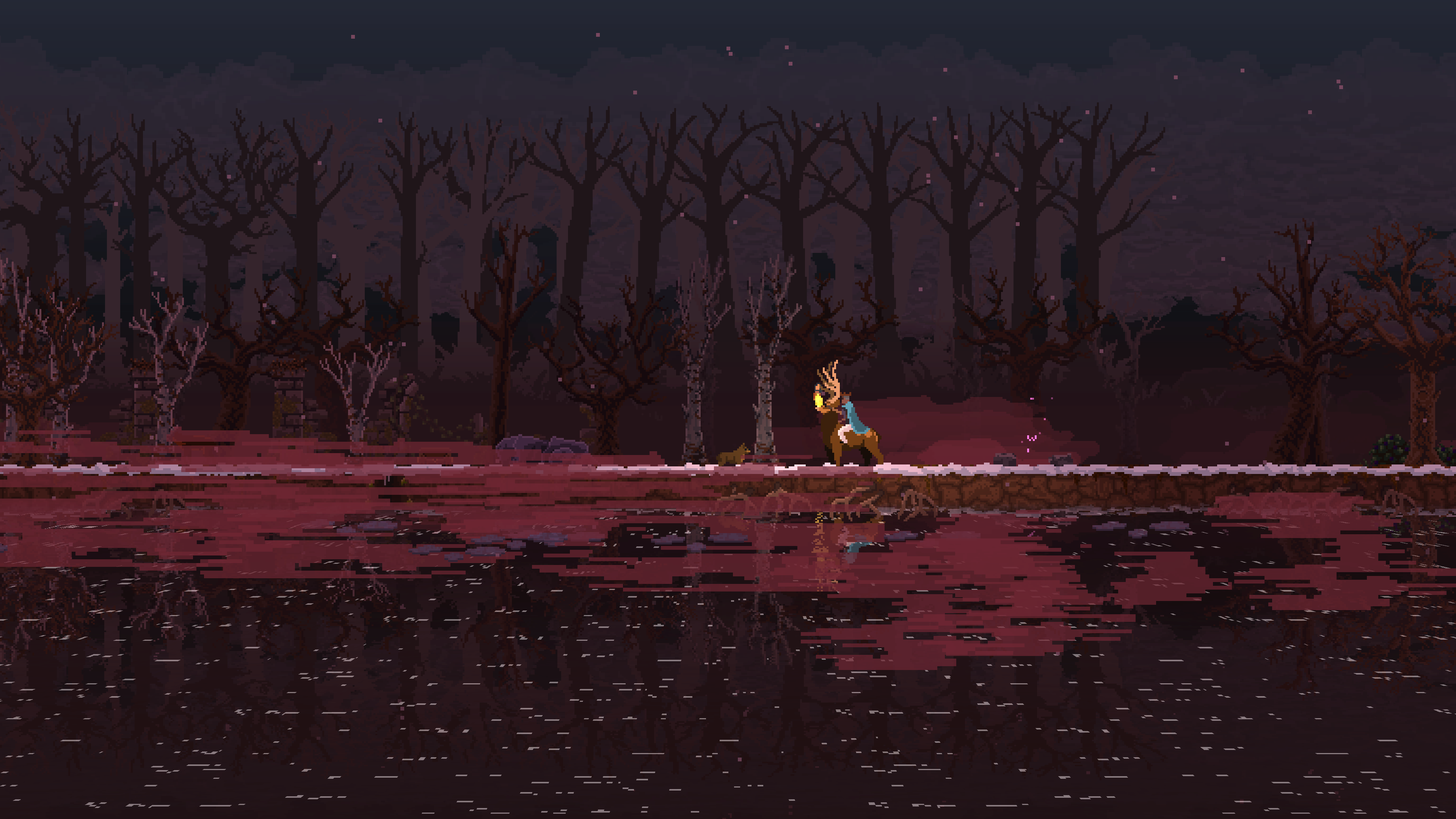 A screenshot showing a king riding on the back of a stag, it's night time in a swamp and there's dead trees in the background, and a creepy dark red mist covering part of the ground.