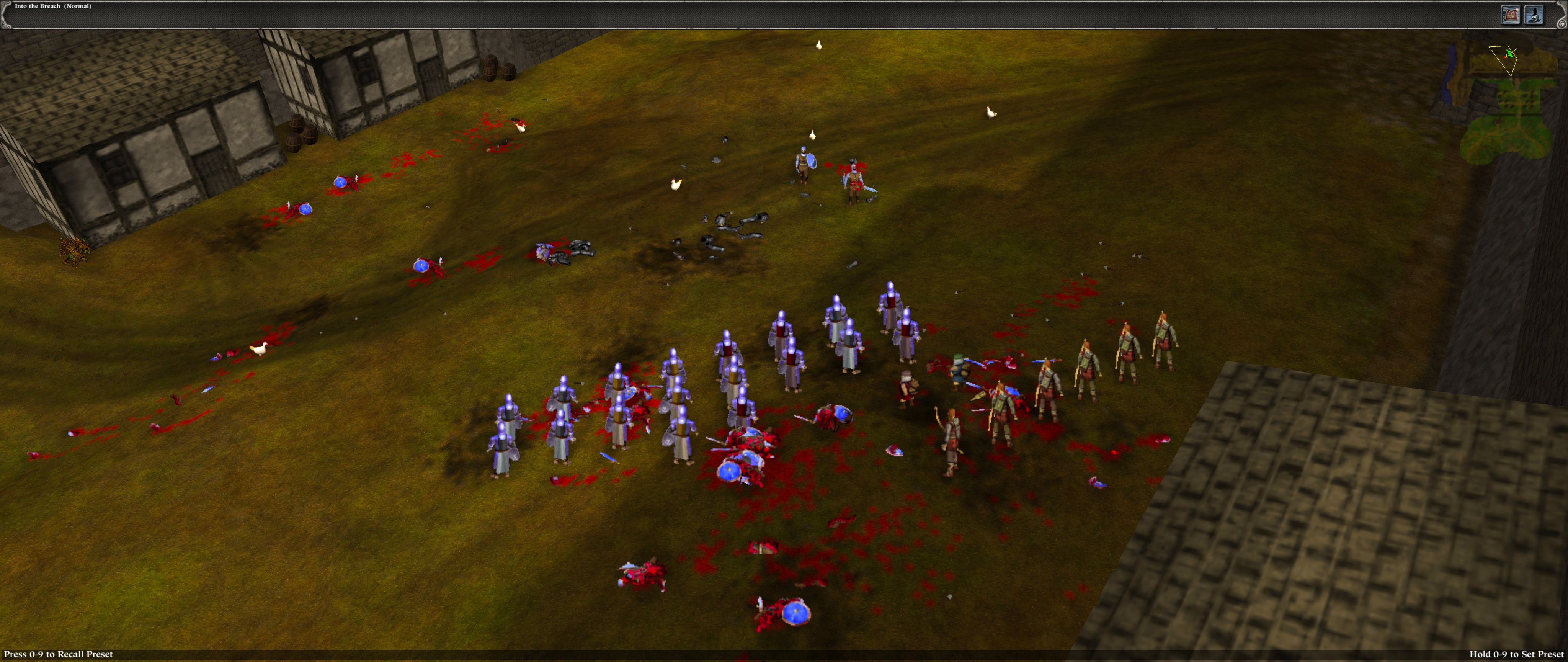 A screenshot from the real-time strategy game "Myth II: Soulblighter". It's a fantasy game, there's a formation of knights with swords and shields, two dwarves, and six elven bowmen all standing on a brown expanse of ground that's in the middle of a village. There's two enemy warriors approaching armed with round shields and swords, and one has just been hit by all six of the bowmen. On the ground there's a bunch of dead bodies with blood scattered around.