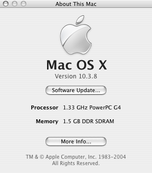 A screenshot of the About This Mac dialog of Mac OS X 10.3.8 showing 1.5GB of RAM in my computer.