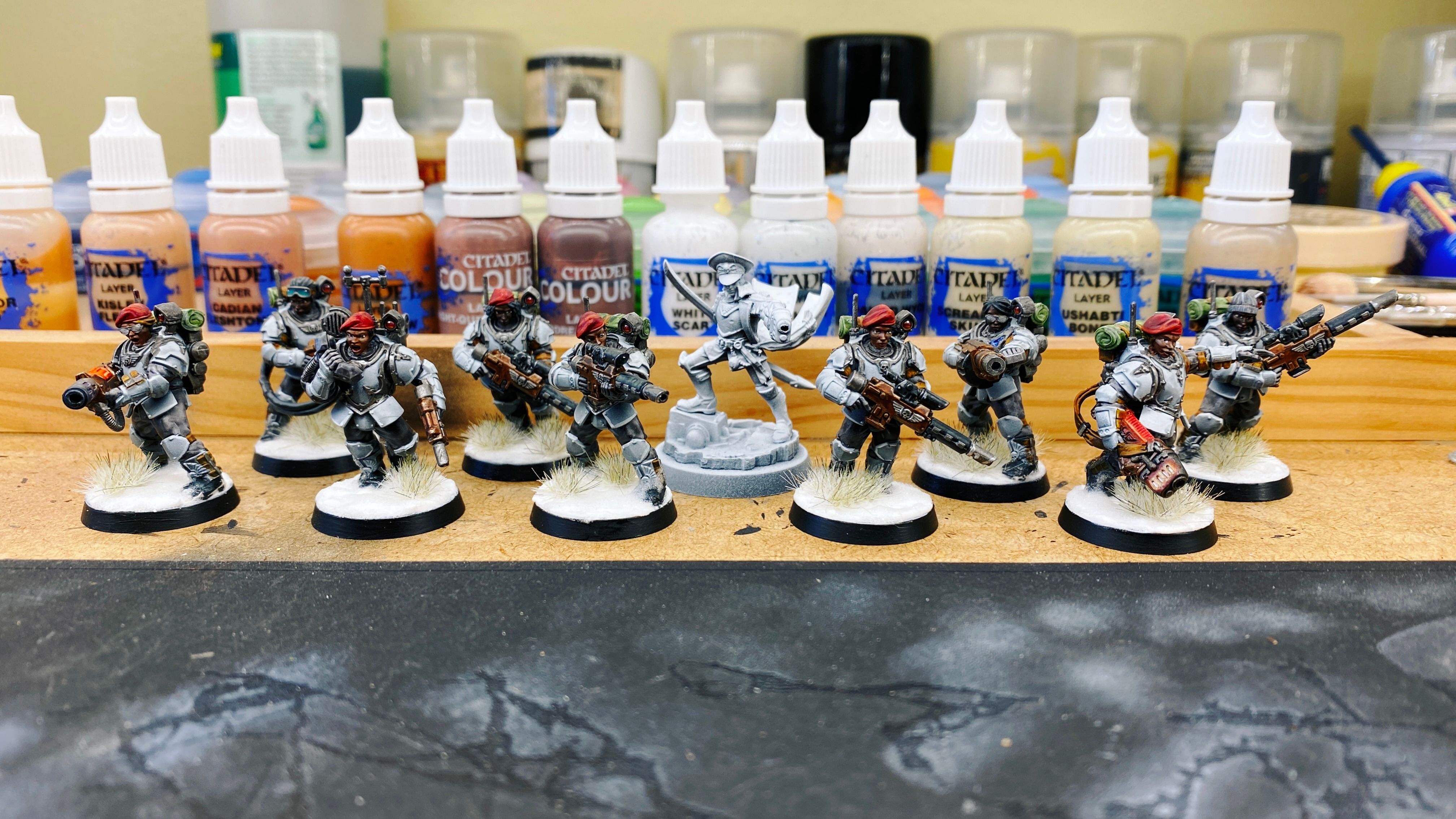 A photo of nine Warhammer 40,000 miniatures, they're fully-painted heavily armoured women troopers in very pale blue/grey armour wielding various guns. The four at the back have black skin and the new five have brown skin. Their bases are painted up to look like they're standing on snow, and there's wintery grass tufts on the bases too.

The unpainted leader in the middle is standing with one leg up on a piece of machinery, with her cloak billowing out behind her and pointing a plasma pistol in an imposing fashion.