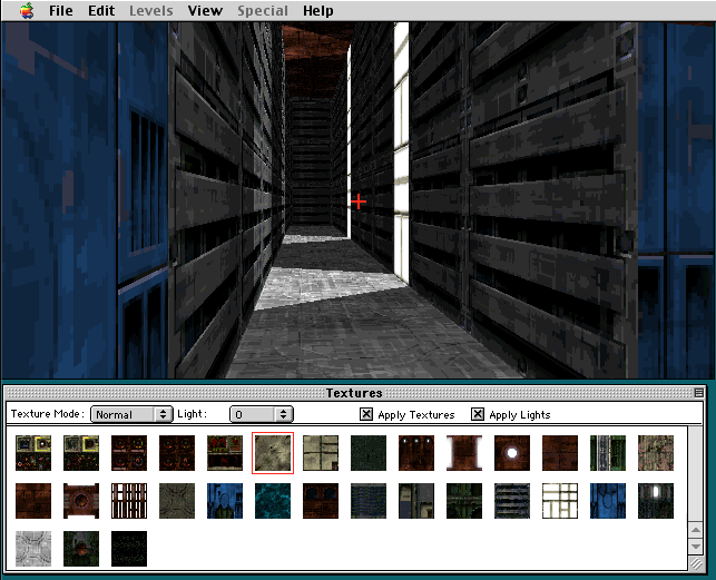 A screenshot from the first-person perspective inside the bounds of the polygons from the previous screenshots, looking down a hallway with tall ceilings and two panels of light on the right side casting sharp lighting across to the left.