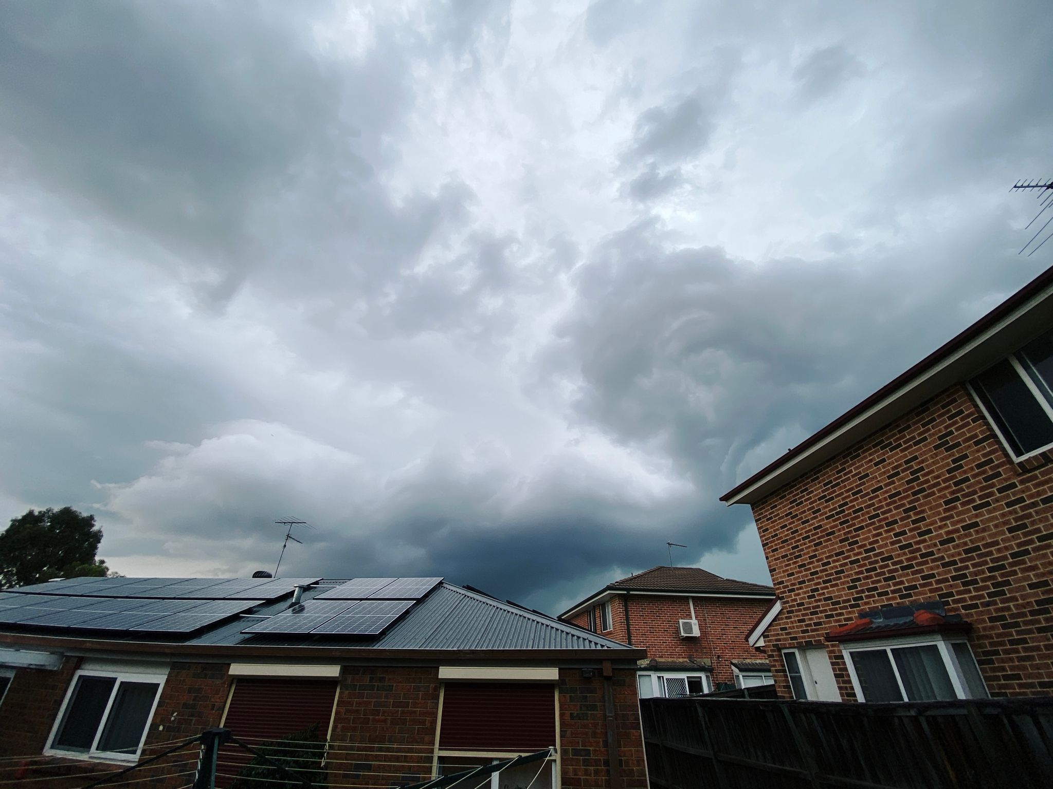 A photo of a VERY ominous-looking storm front over the top of some suburban houses.