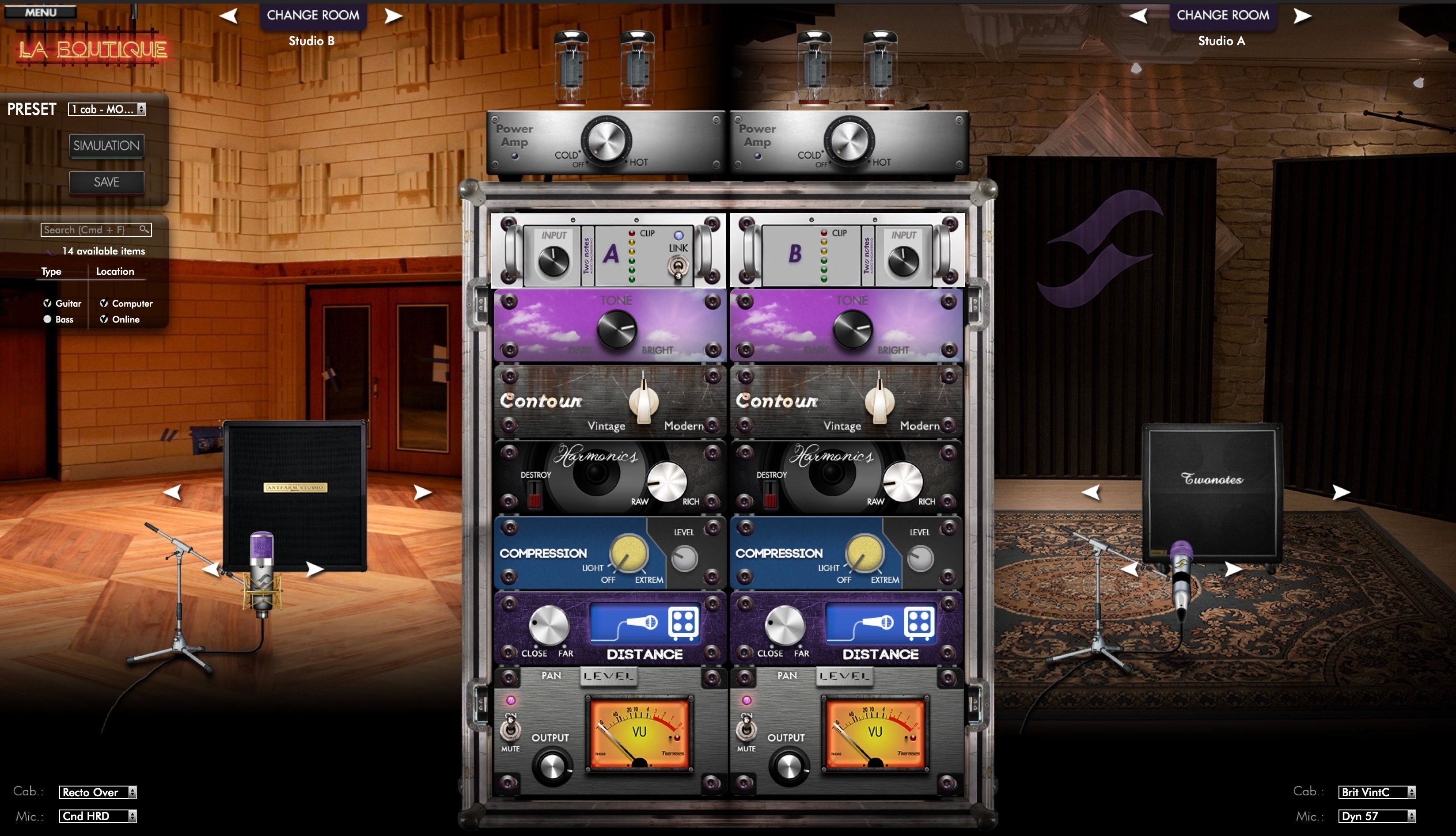 A screenshot of incredible tackiness. In the middle is a "rack" with various guitar effects on it (harmonics, compression, output), all with actual dials that you need to awkwardly move with the mouse in order to adjust. At the top of the rack is a "Power Amp" section that has actual vacuum tubes that light up if you turn the power dials up. To the left and right it shows the "room" that you're recording in, with a full-size photo and a little version of the speaker cabinet you've selected, and the microphone you've selected mounted on a stand.