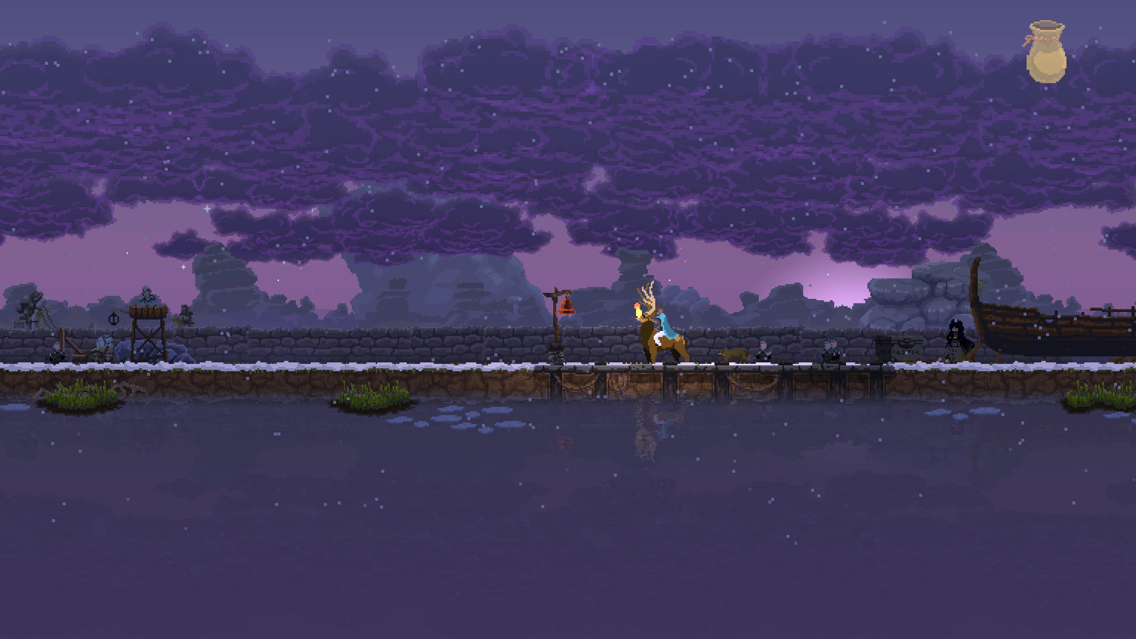 A screenshot showing a king riding on the back of a stag, with a purple sky with clouds in it and snow on the ground. There's a stone wall running along the length of the screen as well.