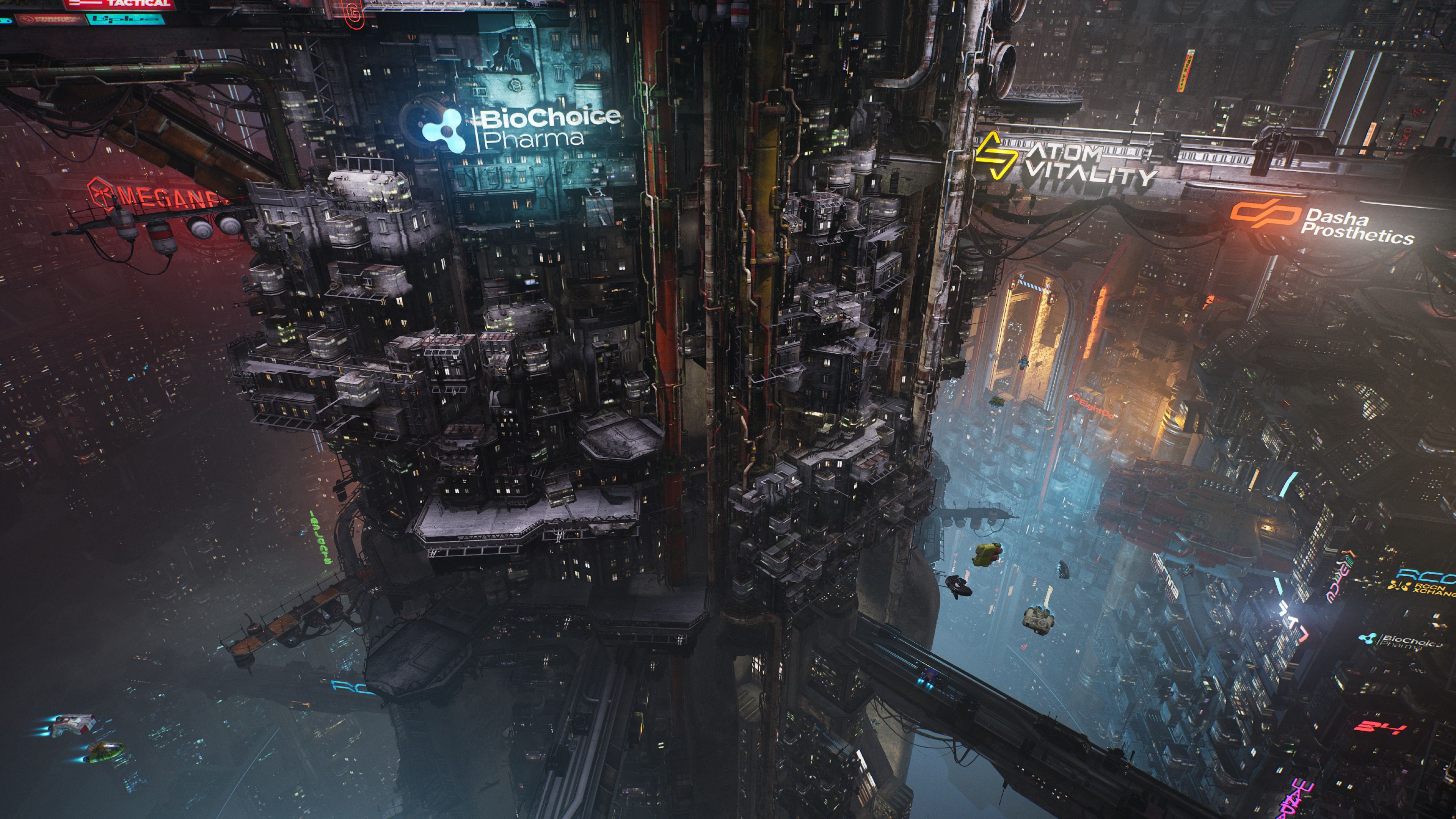 A screenshot from the cyberpunk-themed game The Ascent. The view is looking into a GIANT cylindrical cavern that stretches way down with lights like in skyscrapers all around the outside, with a huge central pillar covered with pipes and lights, and the whole thing has that very cyberpunk neon lights thing going on.