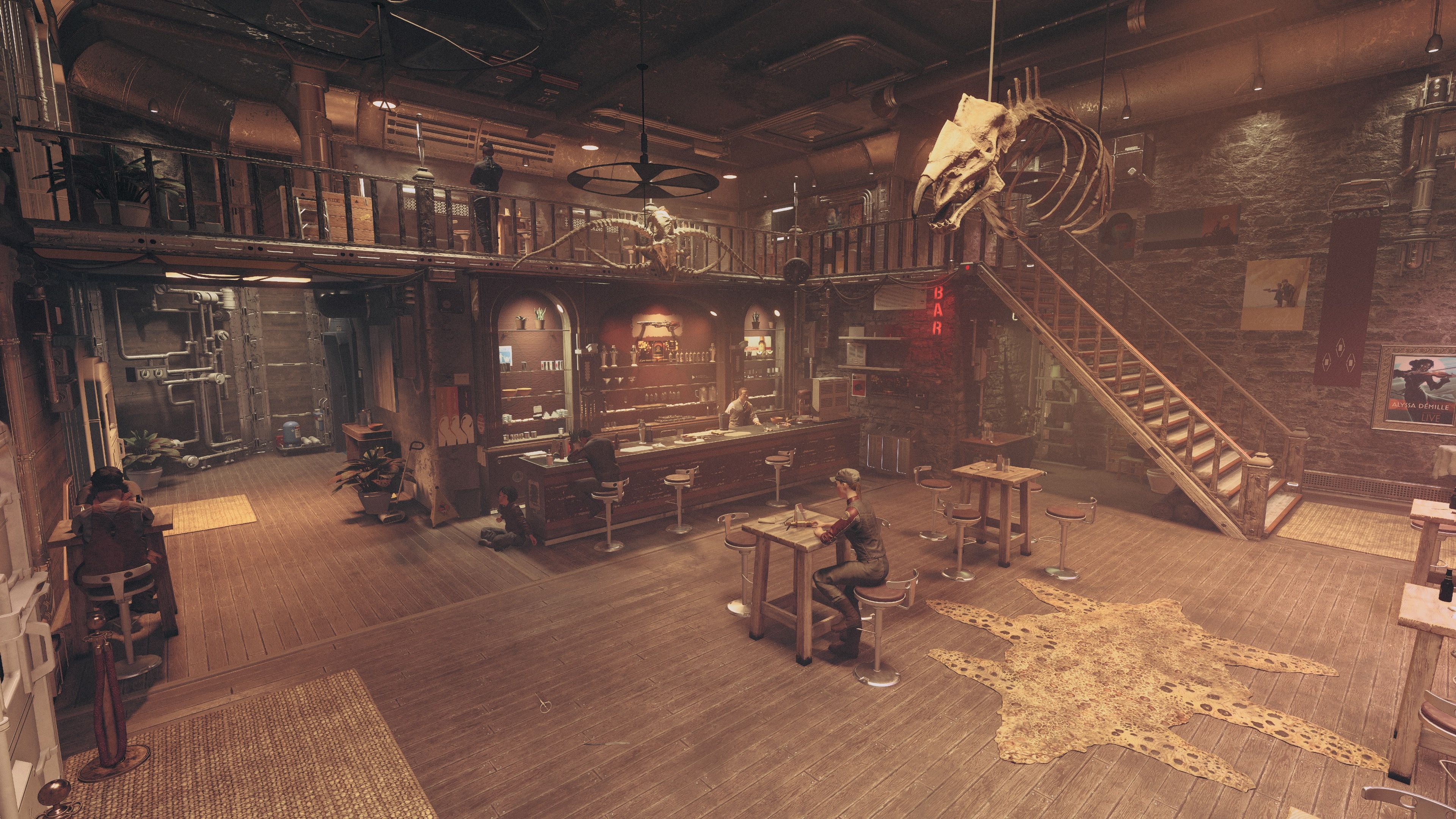 Another wide-angle screenshot of the main bar in Akila City. It's all rough wooden tables and stone walls, with a set of wooden stairs at the right going up to a second level. A handful of patrons are sitting around, the bartender is behind the bar, and suspending from the ceiling is the skeleton of an ashta, a huge predator native to the planet.